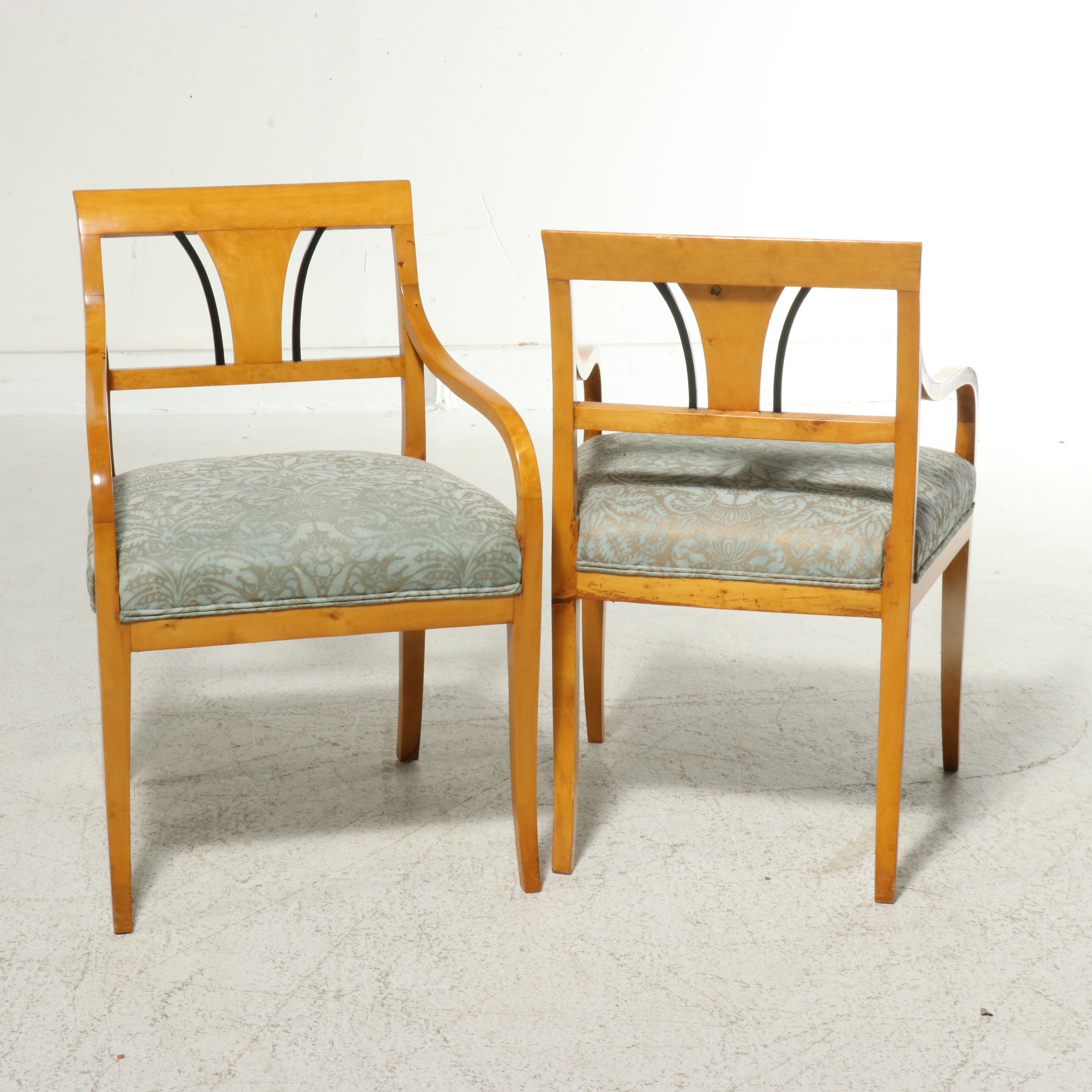 Pair of Biedermeier Style Birch and Ebonized "Shield" Back Armchairs
