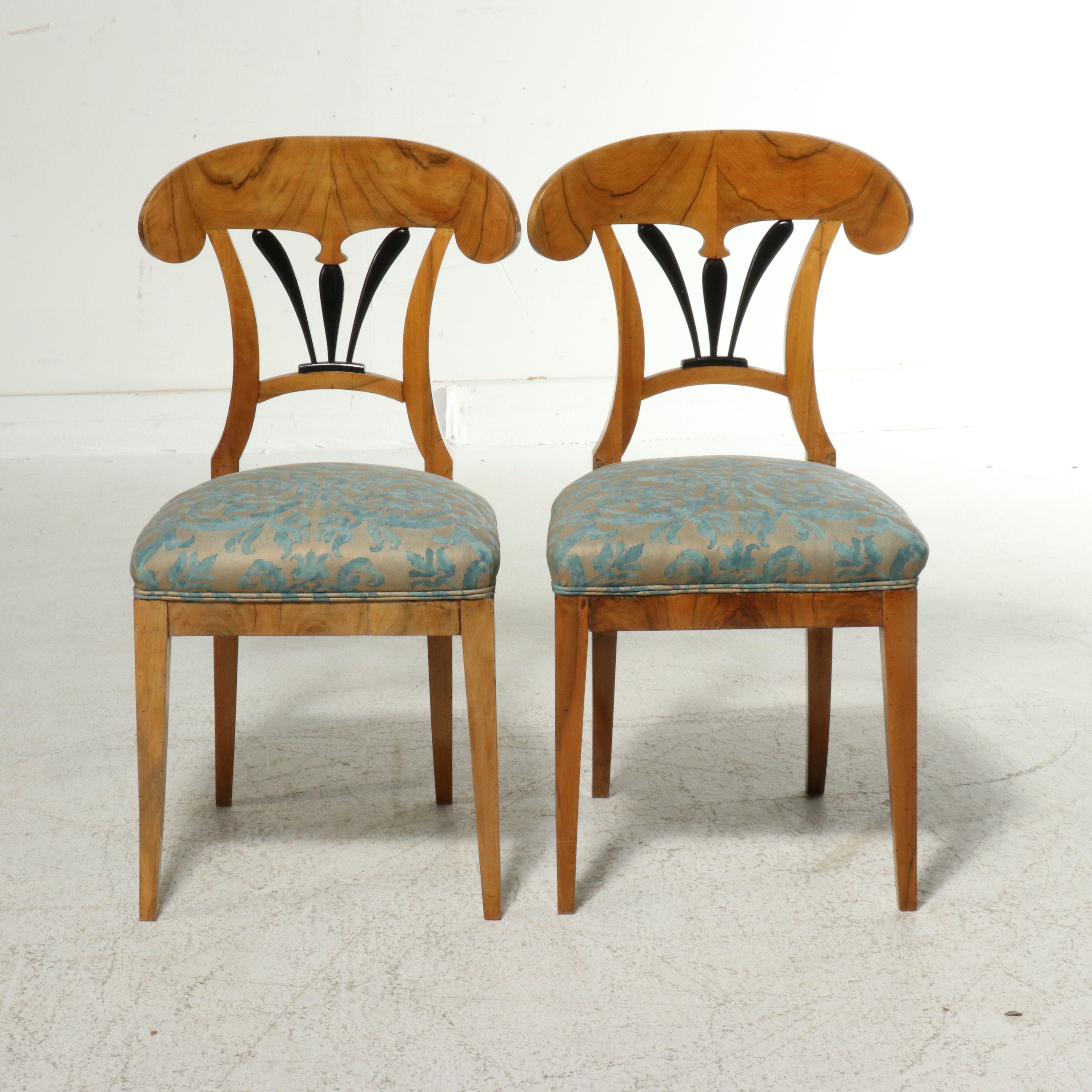 Biedermeier Ebonized Walnut Side Chairs Upholstered in Fortuny,  19th Century