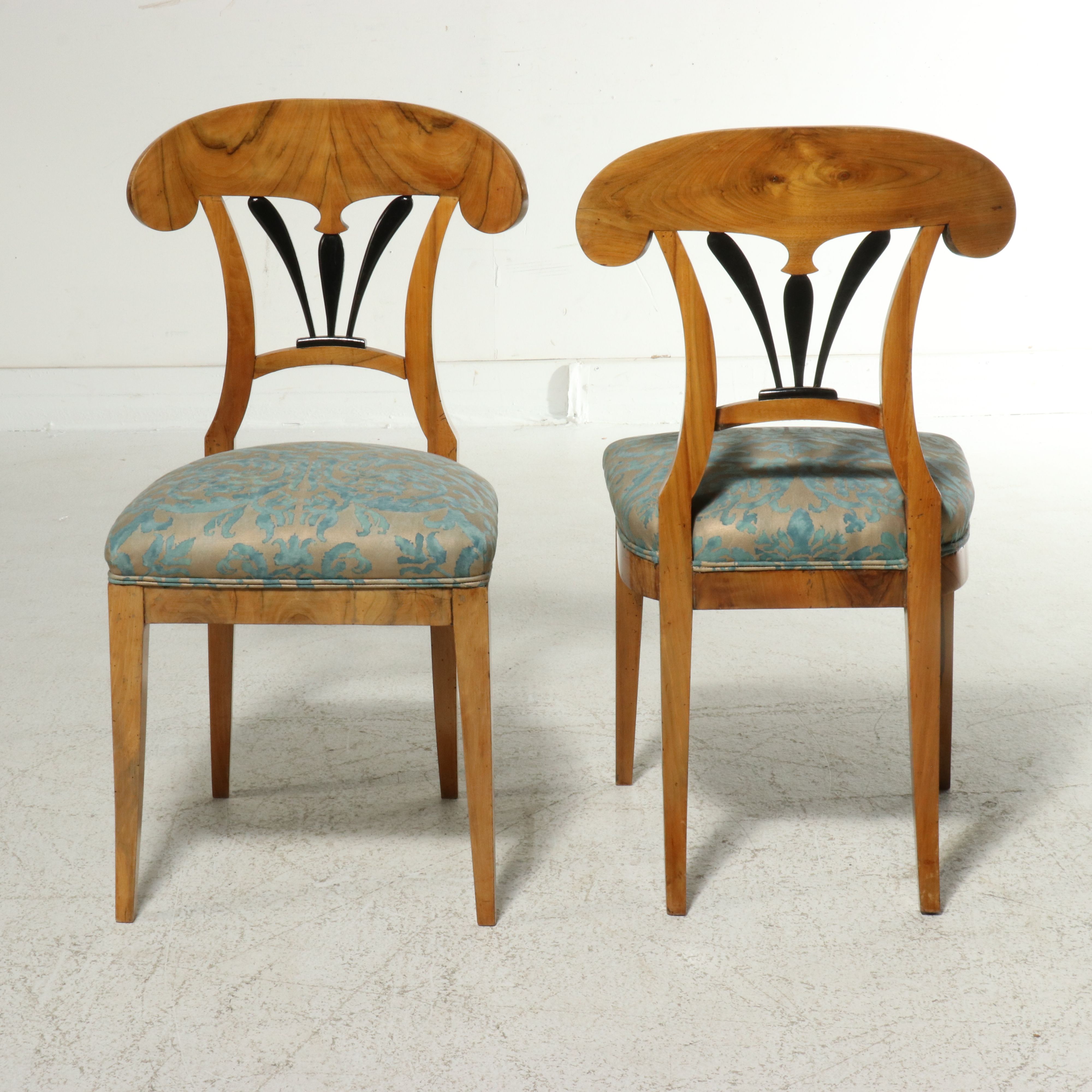 Biedermeier Ebonized Walnut Side Chairs Upholstered in Fortuny,  19th Century