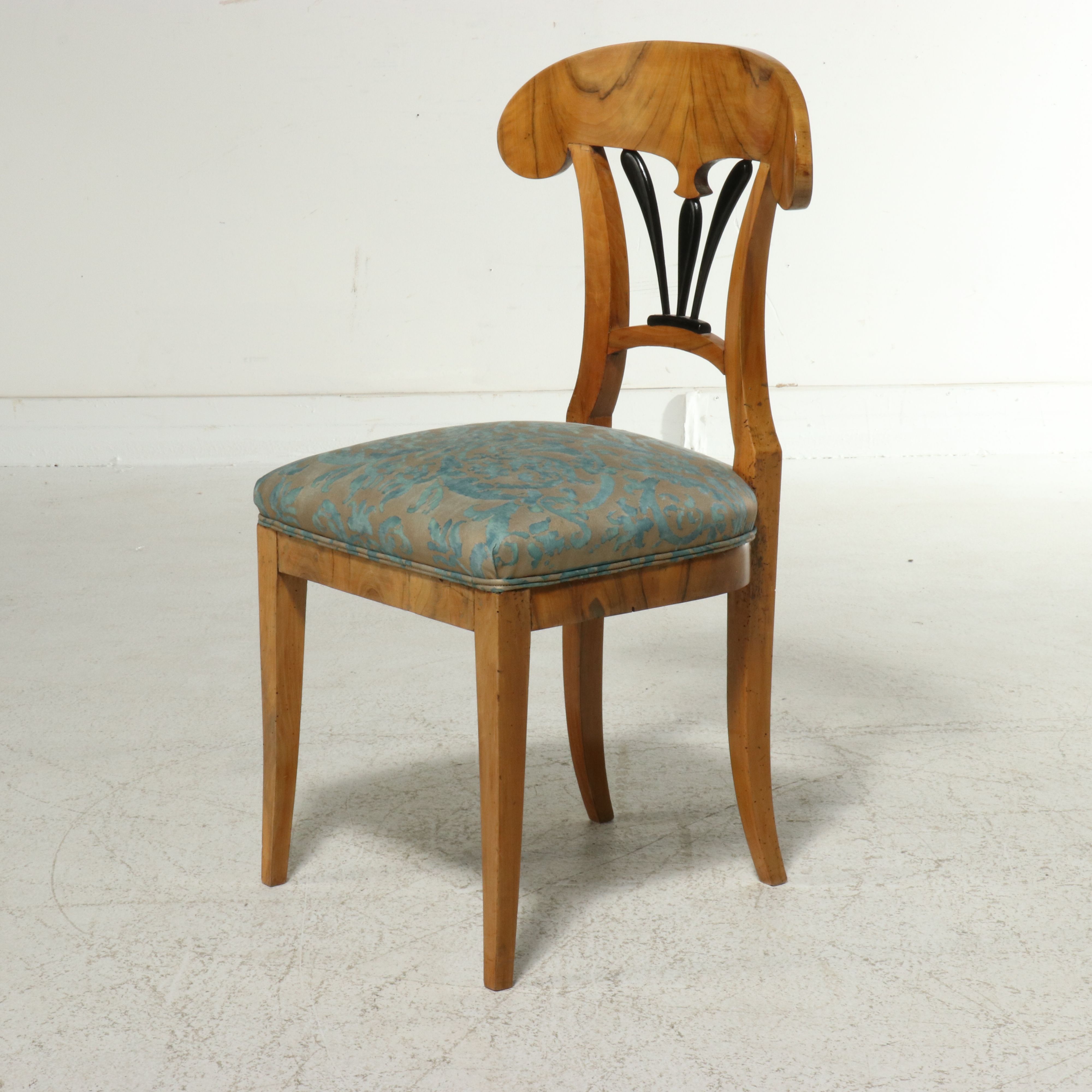 Biedermeier Ebonized Walnut Side Chairs Upholstered in Fortuny,  19th Century