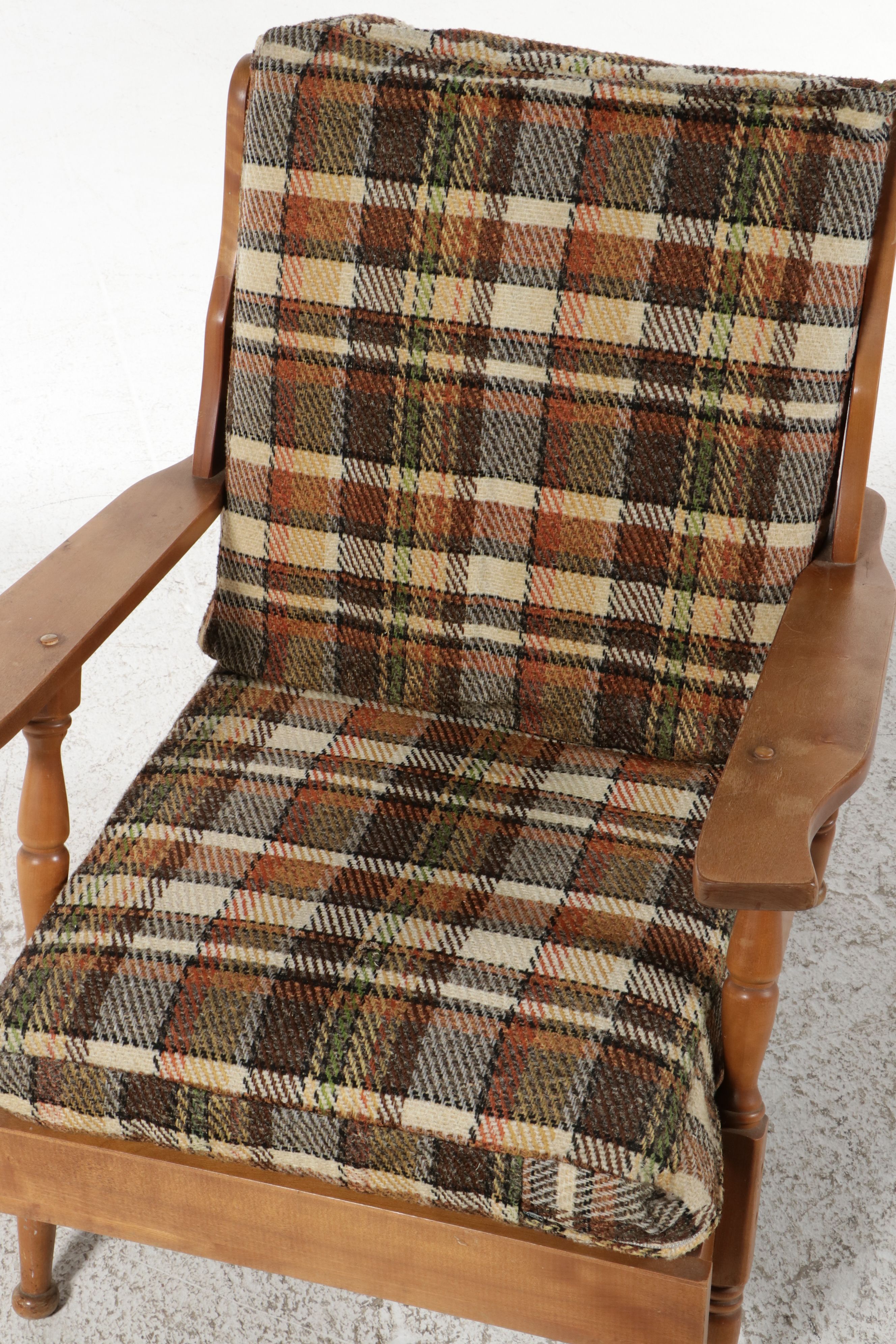 Mid Century Modern Maple Armchair in Plaid Upholstery