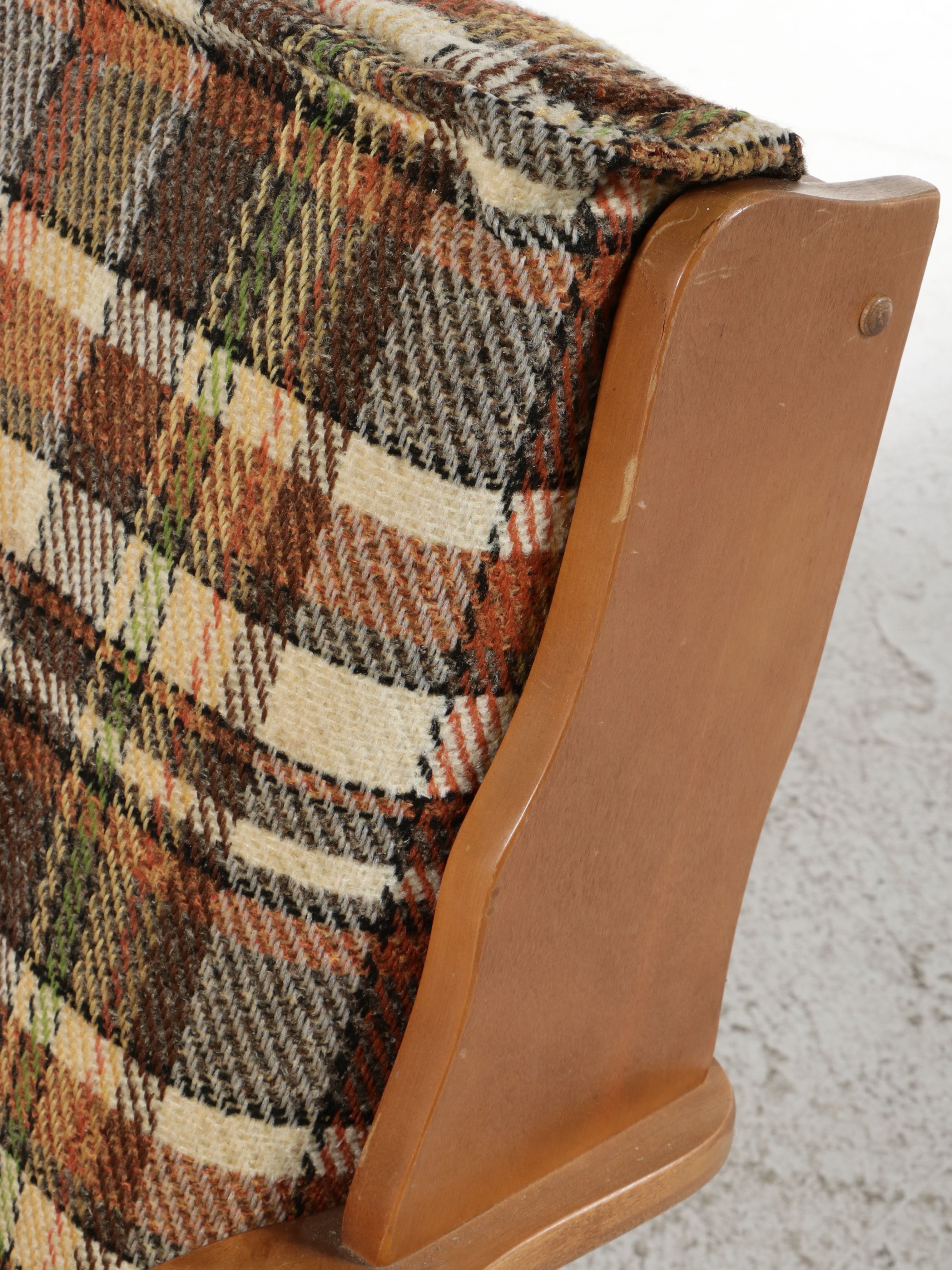 Mid Century Modern Maple Armchair in Plaid Upholstery