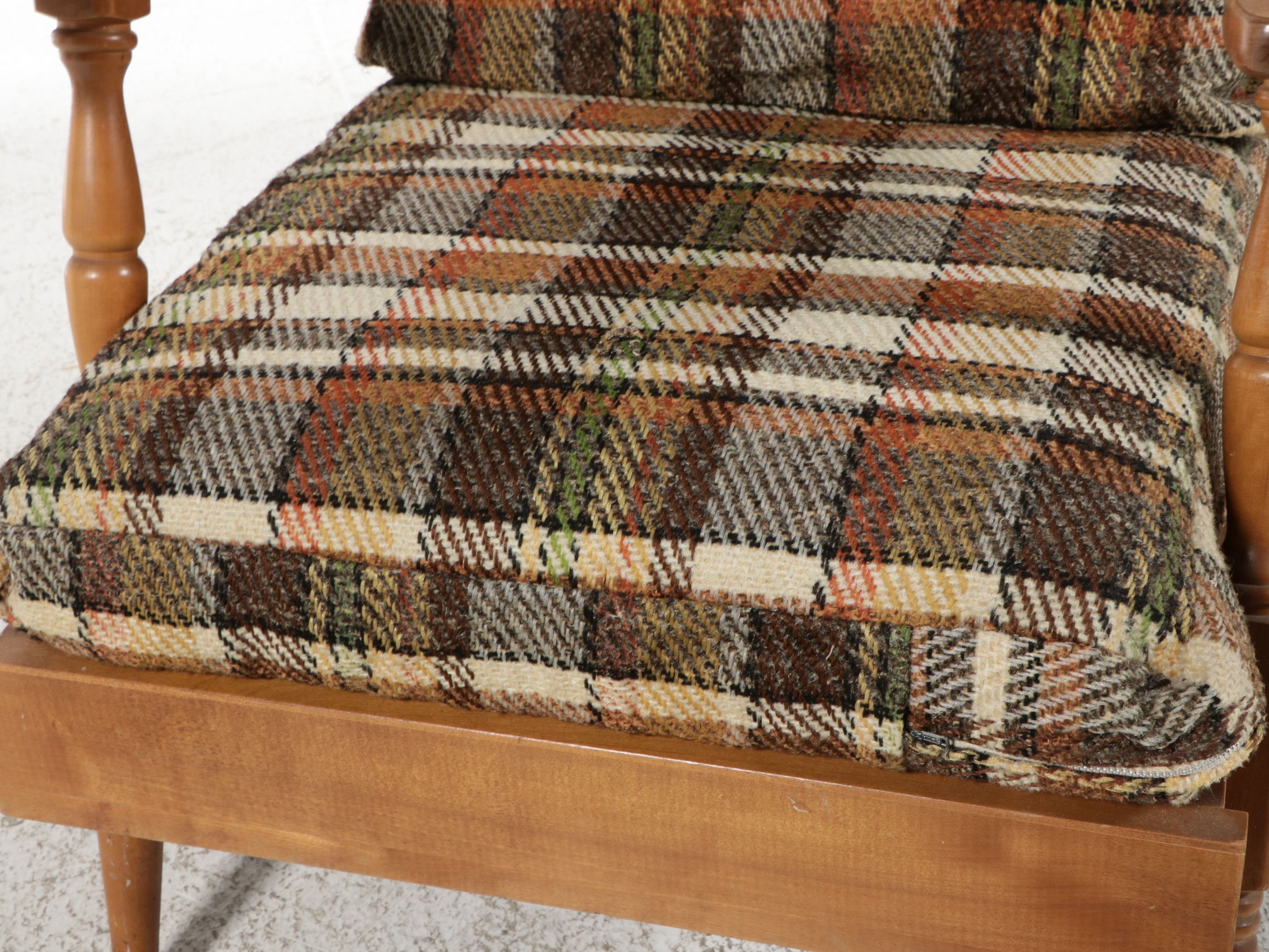 Mid Century Modern Maple Armchair in Plaid Upholstery