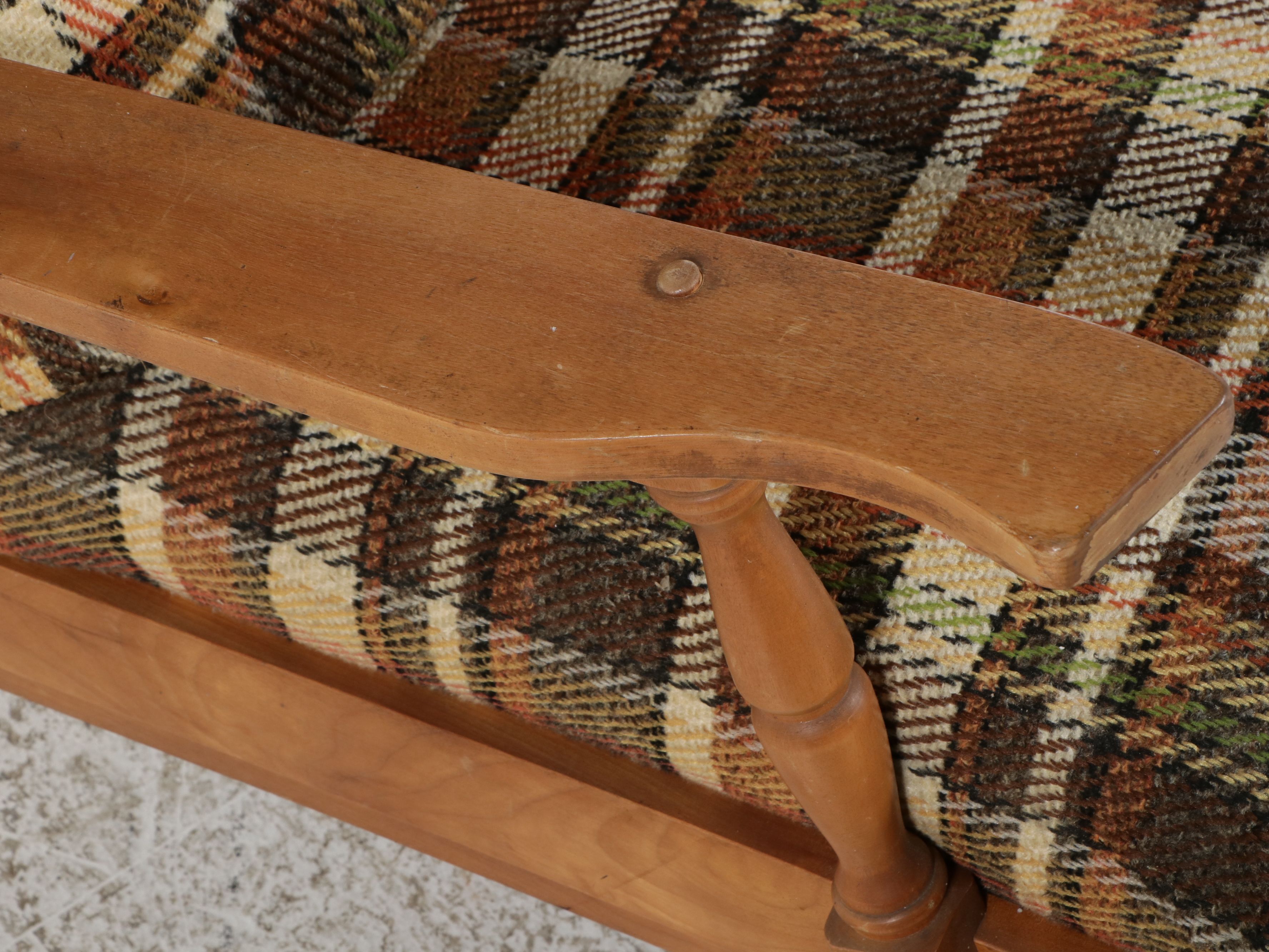 Mid Century Modern Maple Armchair in Plaid Upholstery