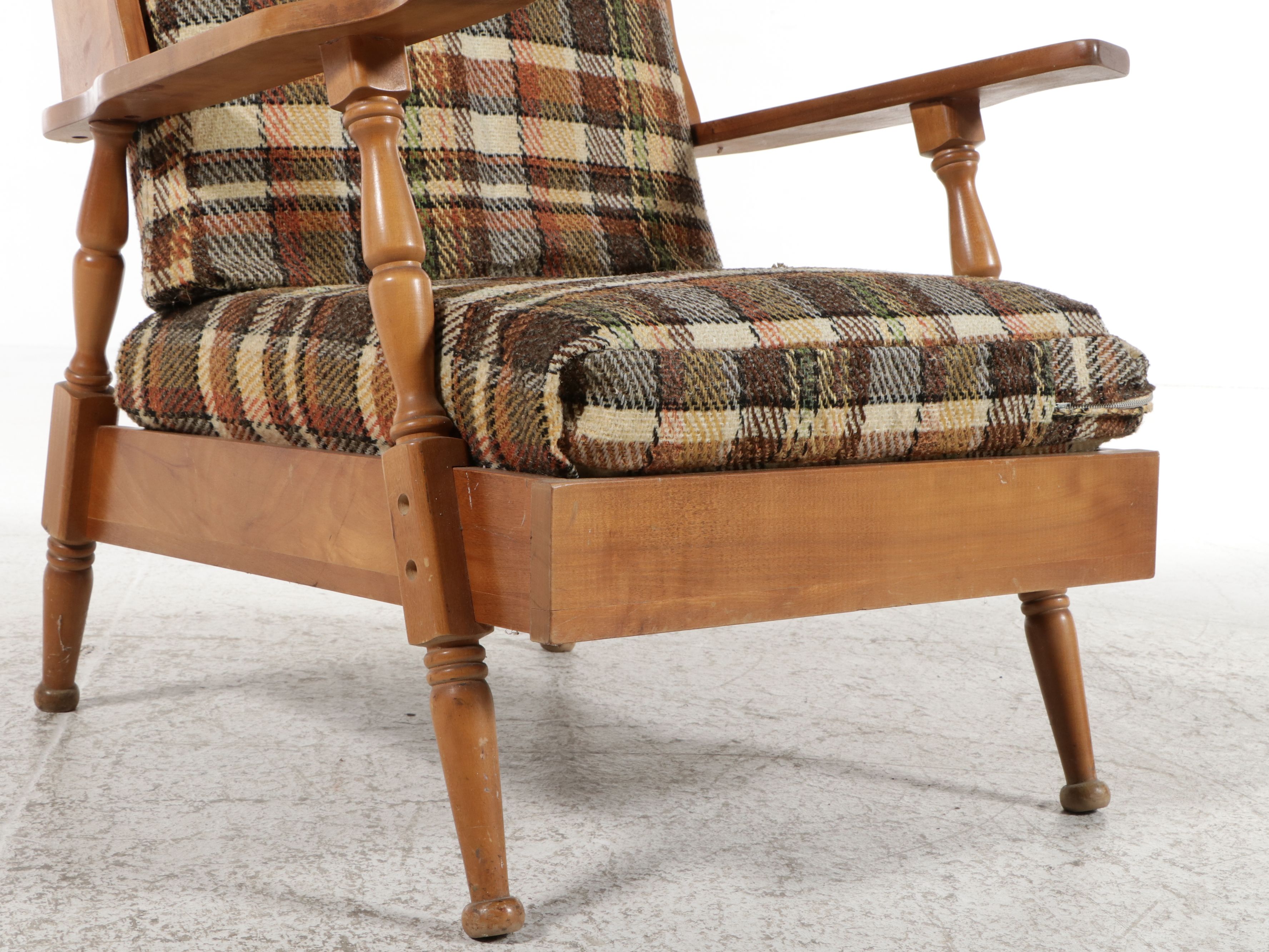Mid Century Modern Maple Armchair in Plaid Upholstery