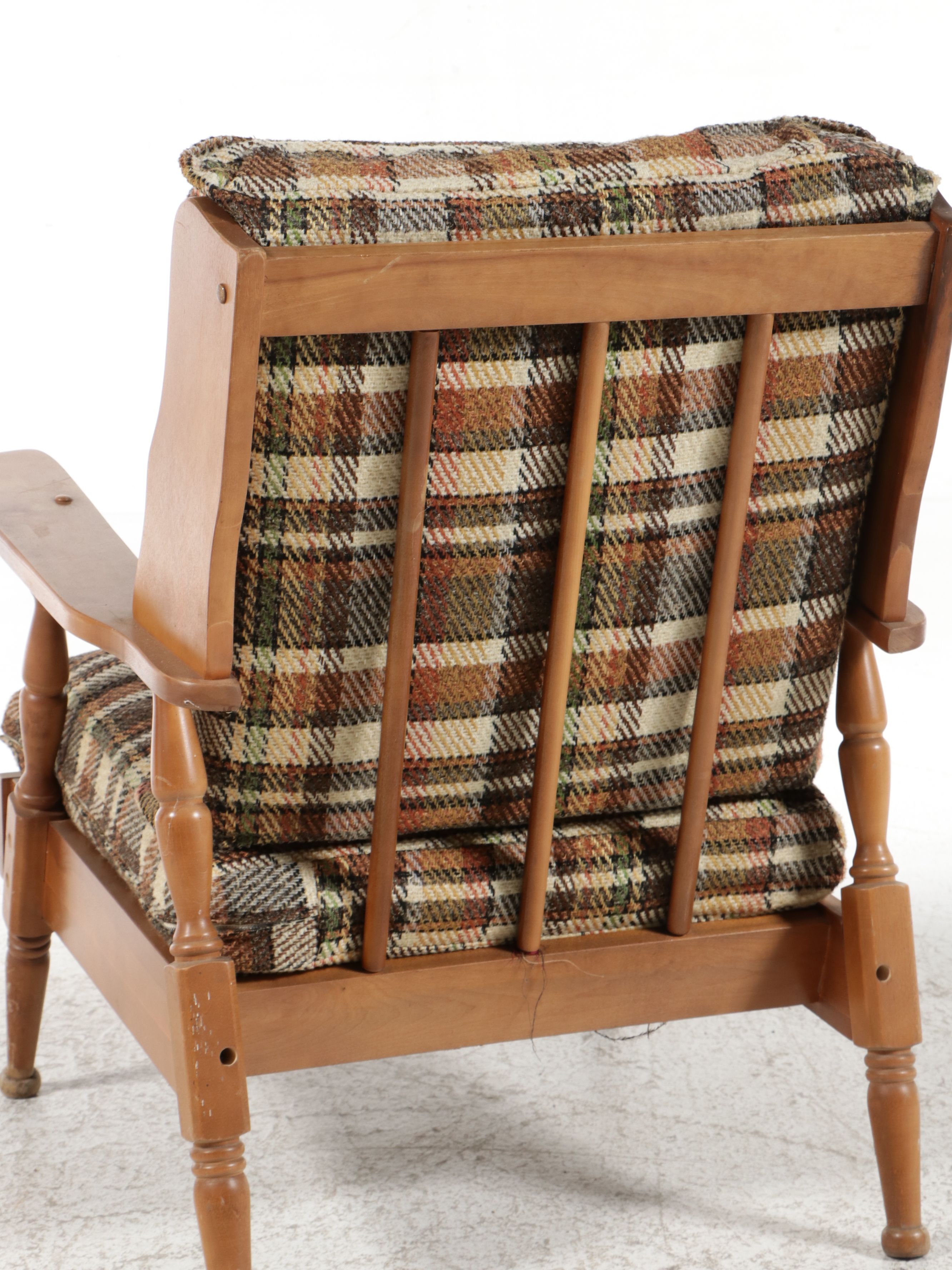 Mid Century Modern Maple Armchair in Plaid Upholstery