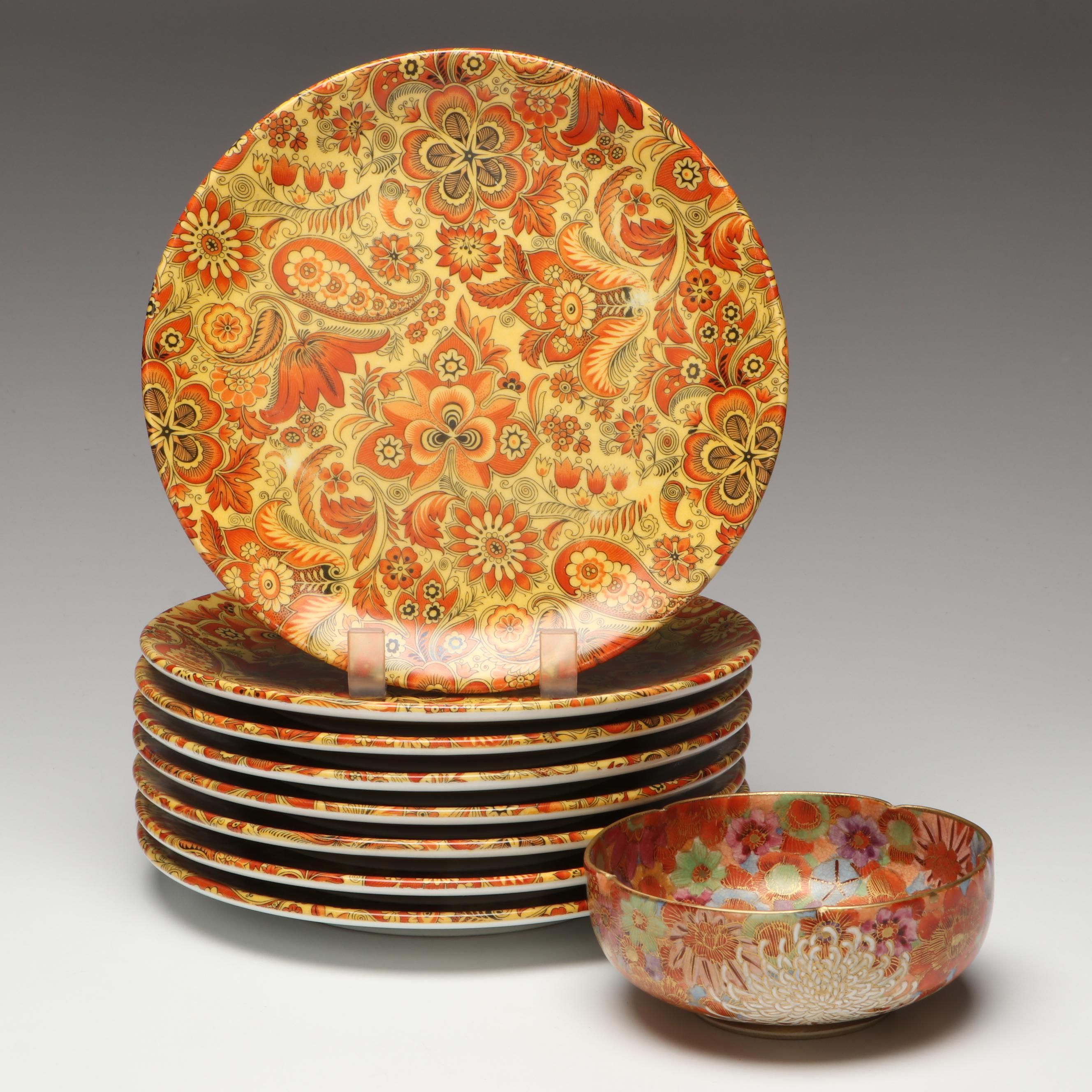 Japanese Satsuma Style "Thousand Flower" Bowl with Limoges Porcelain Plates