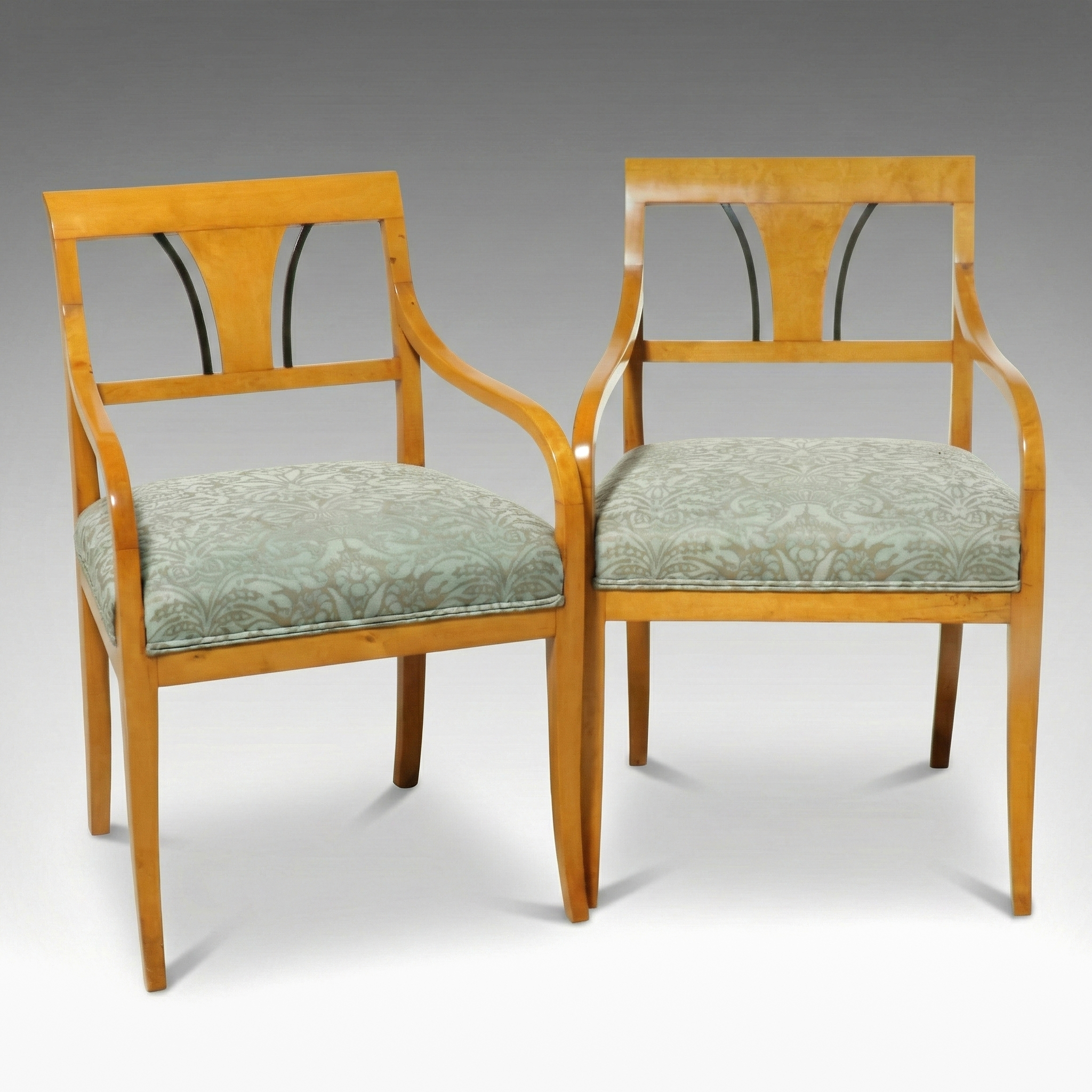 Pair of Biedermeier Style Birch and Ebonized "Shield" Back Armchairs