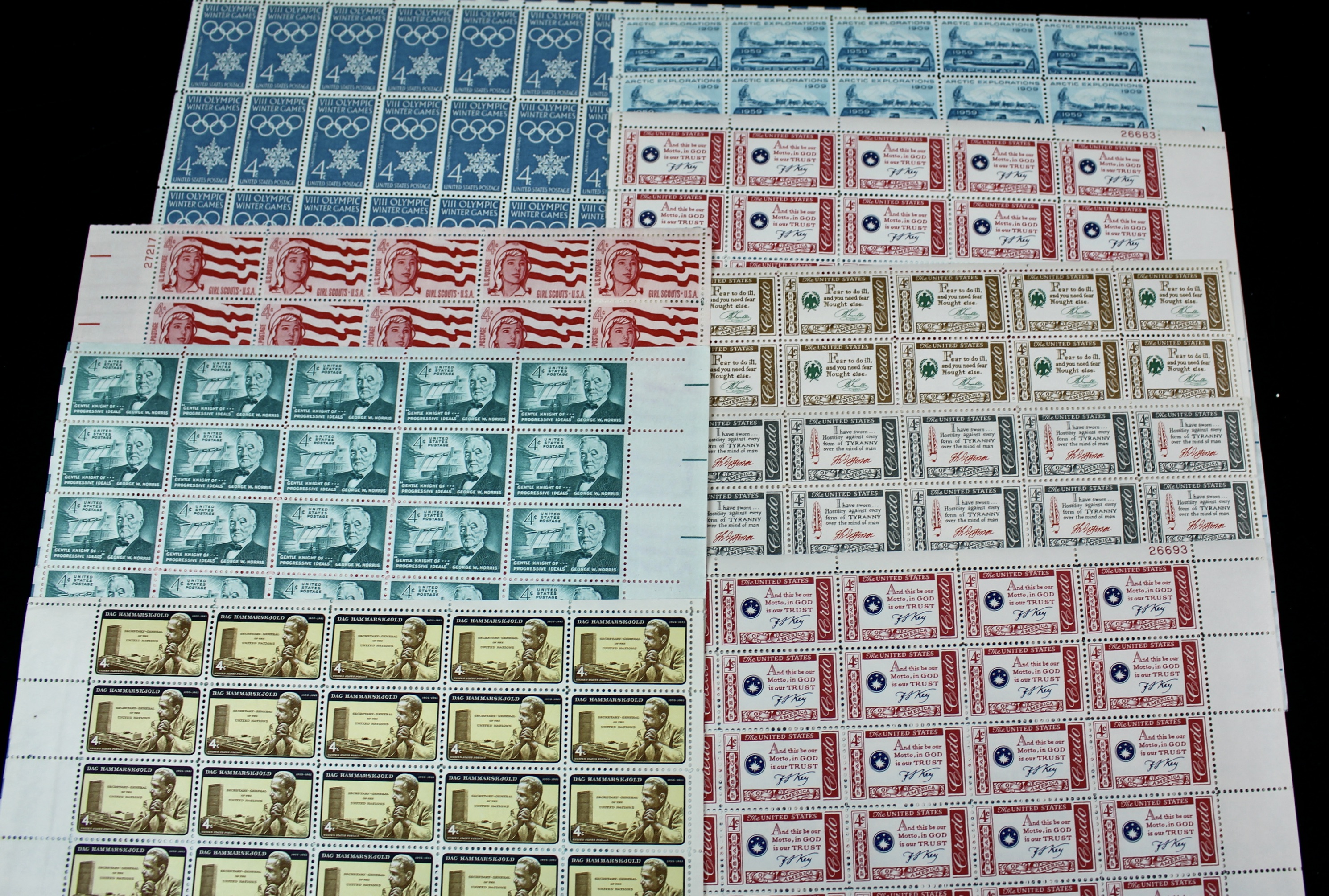 Seventy-Five U.S. 4-Cent Postage Stamp Sheets, 1950s to 1960s
