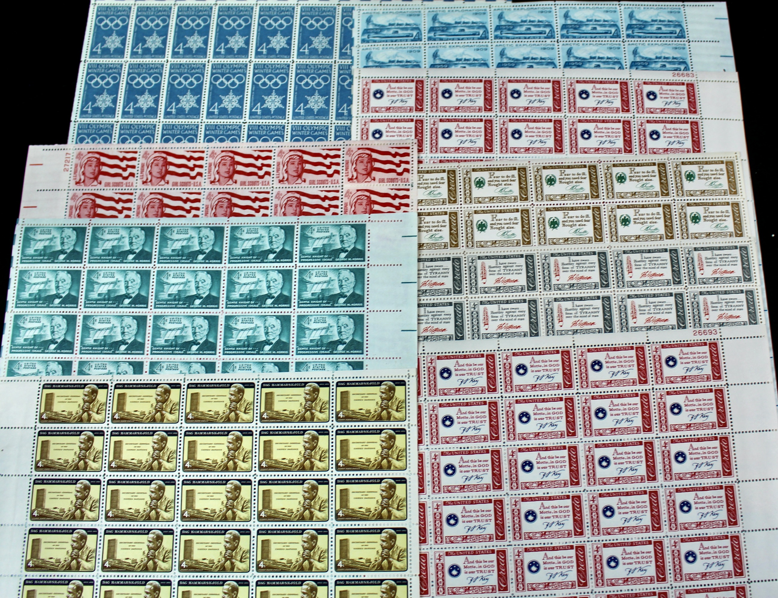 Seventy-Five U.S. 4-Cent Postage Stamp Sheets, 1950s to 1960s