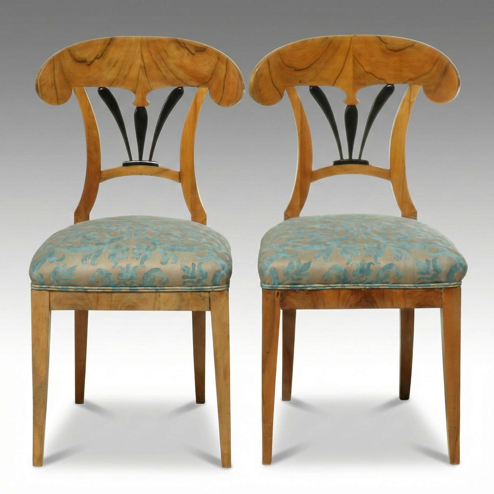 Biedermeier Ebonized Walnut Side Chairs Upholstered in Fortuny,  19th Century