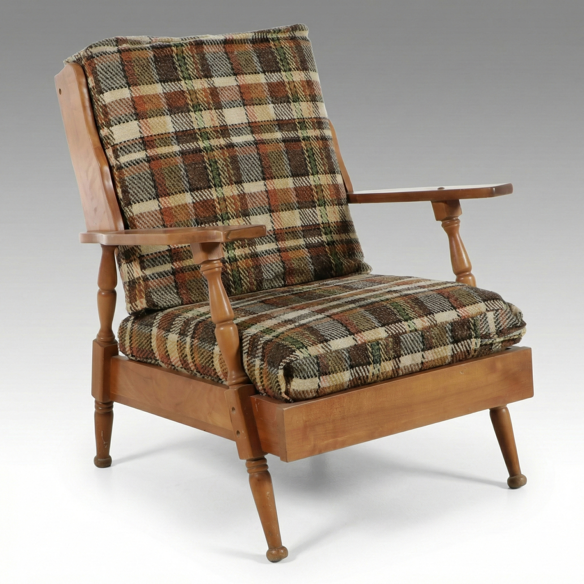 Mid Century Modern Maple Armchair in Plaid Upholstery