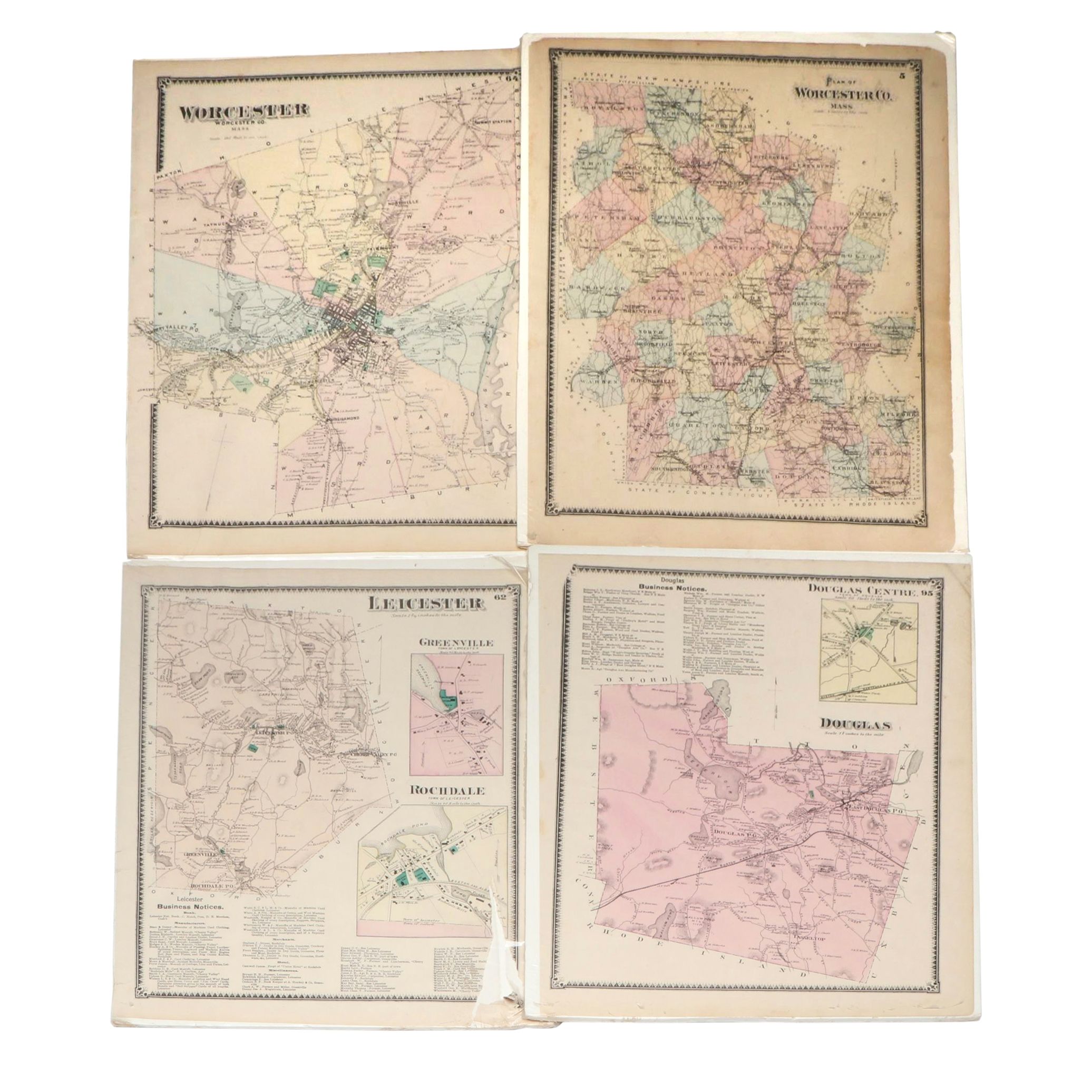 Massachusetts County and Town Hand-Colored Engraved Maps, Late 19th Century