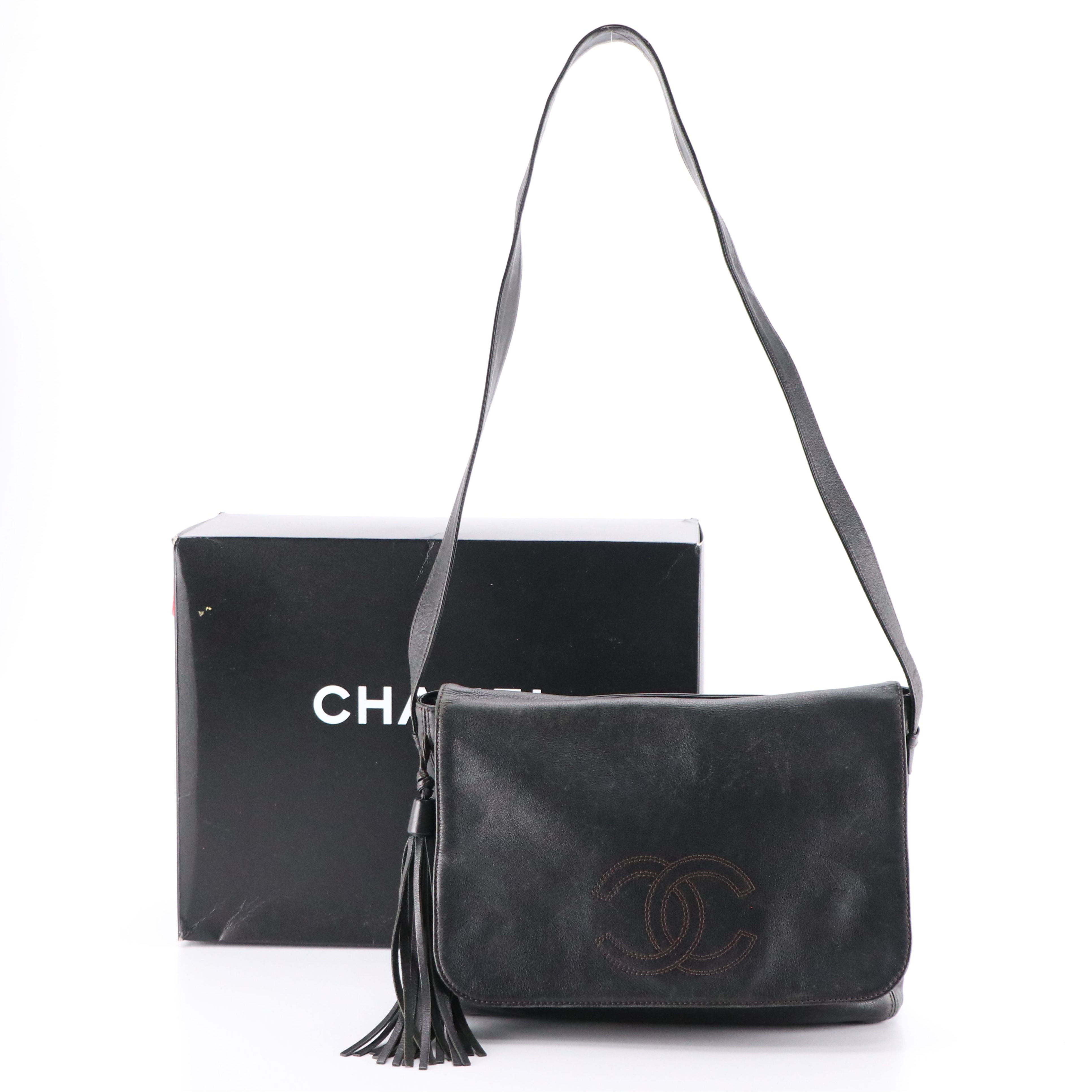 Chanel Stitched CC Flap Messenger Bag in Leather with Box