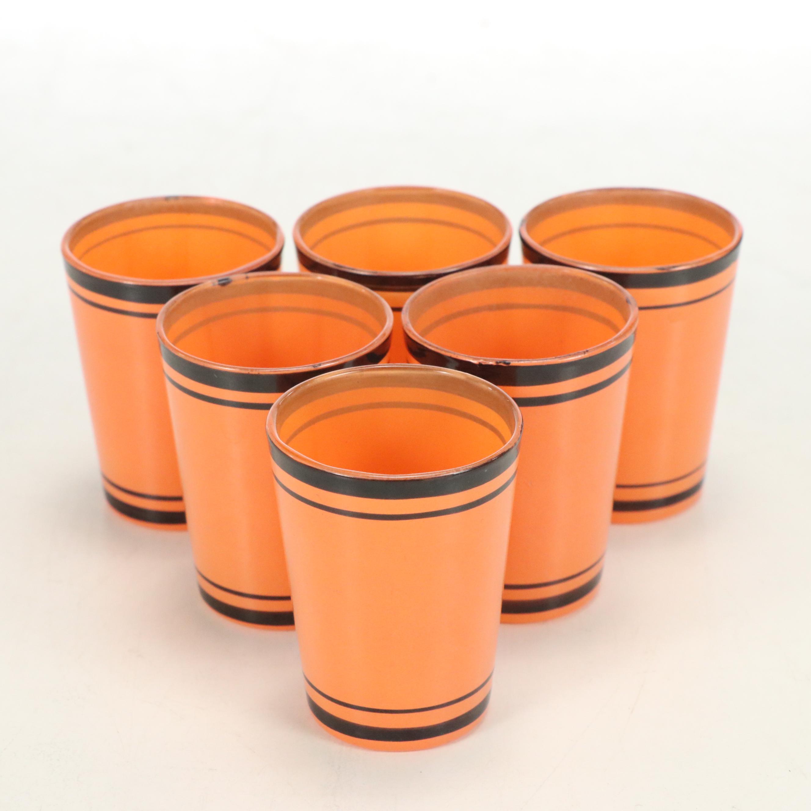 Mid Century Orange and Black Finish Glass Decanter and Shot Glasses