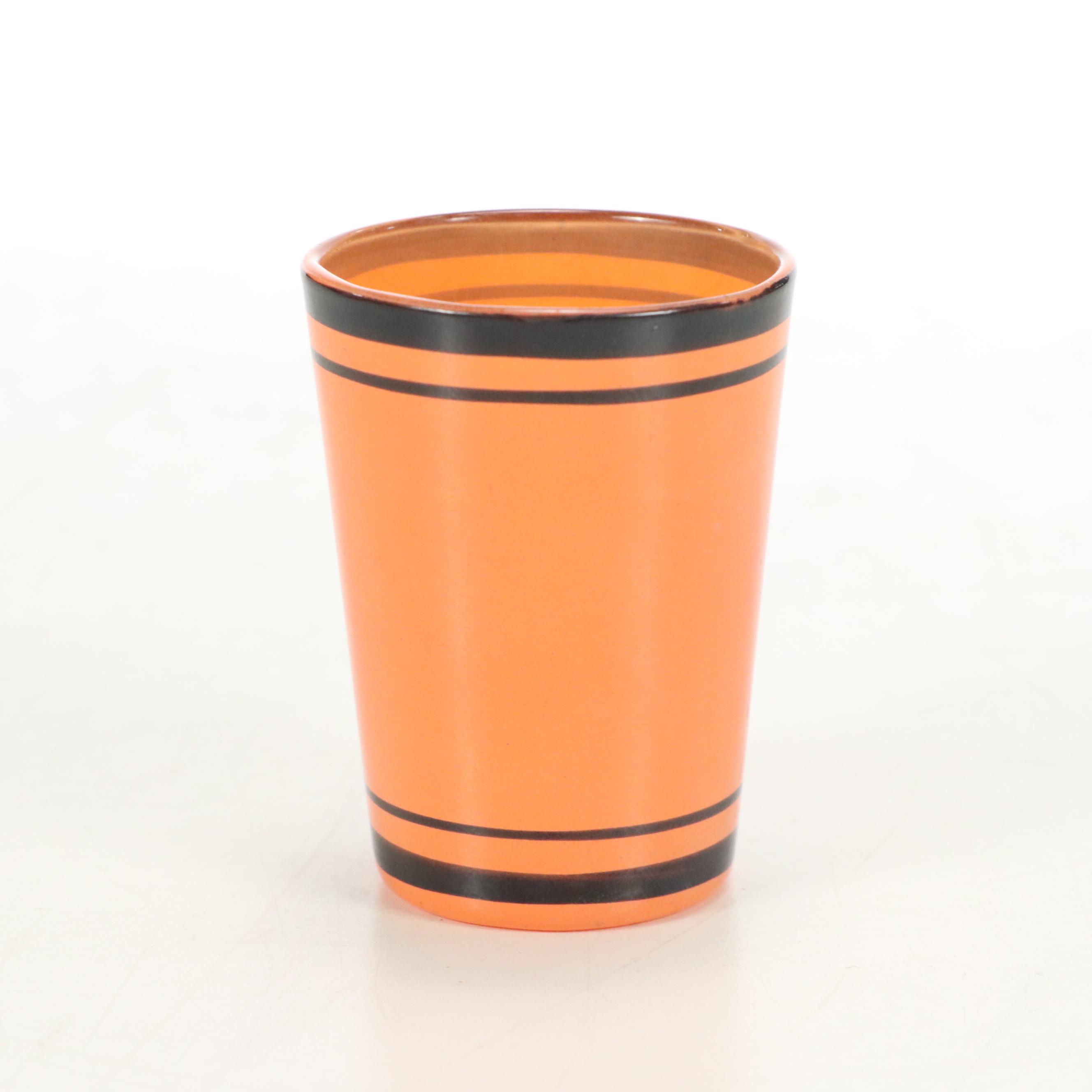 Mid Century Orange and Black Finish Glass Decanter and Shot Glasses