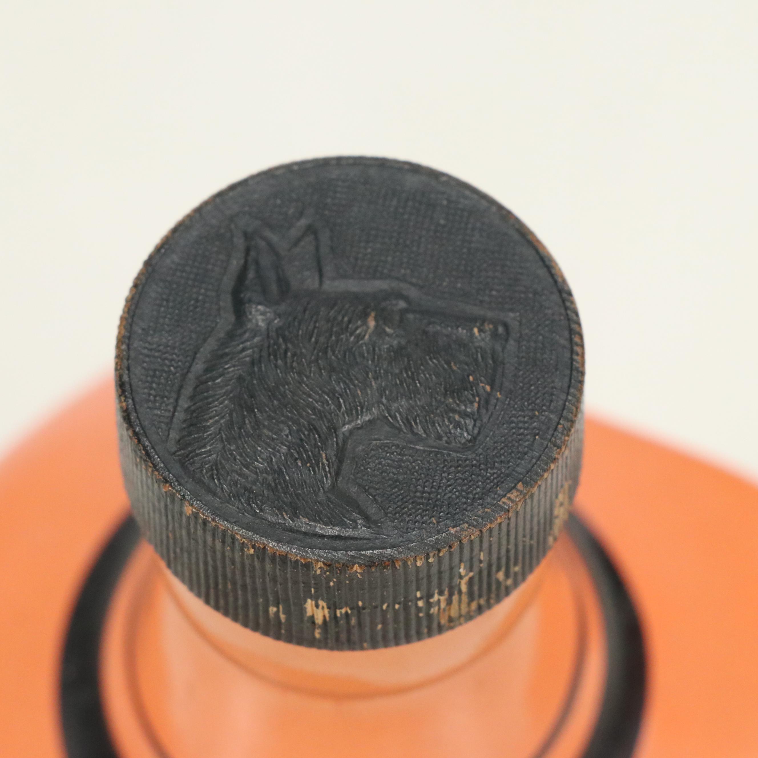 Mid Century Orange and Black Finish Glass Decanter and Shot Glasses