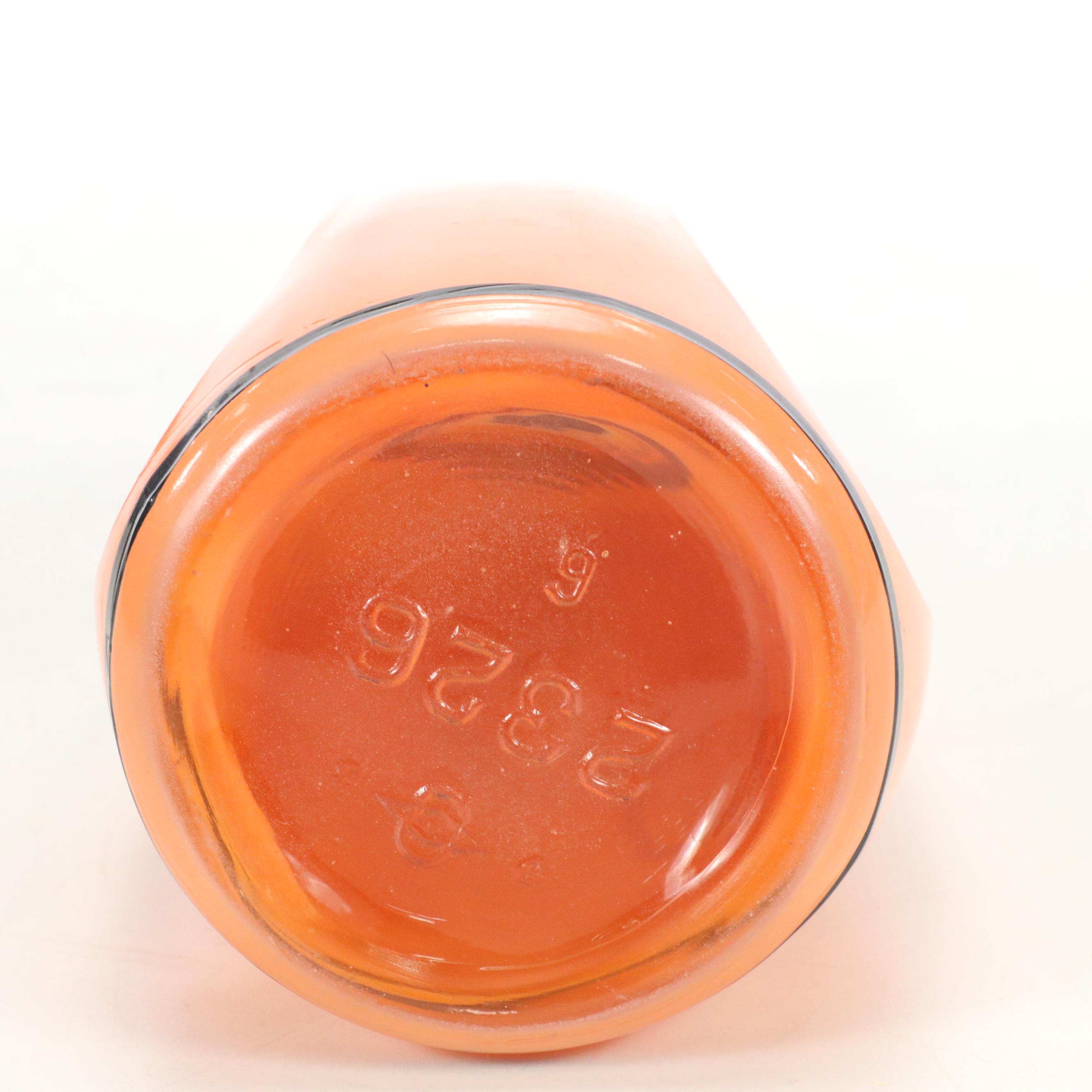 Mid Century Orange and Black Finish Glass Decanter and Shot Glasses