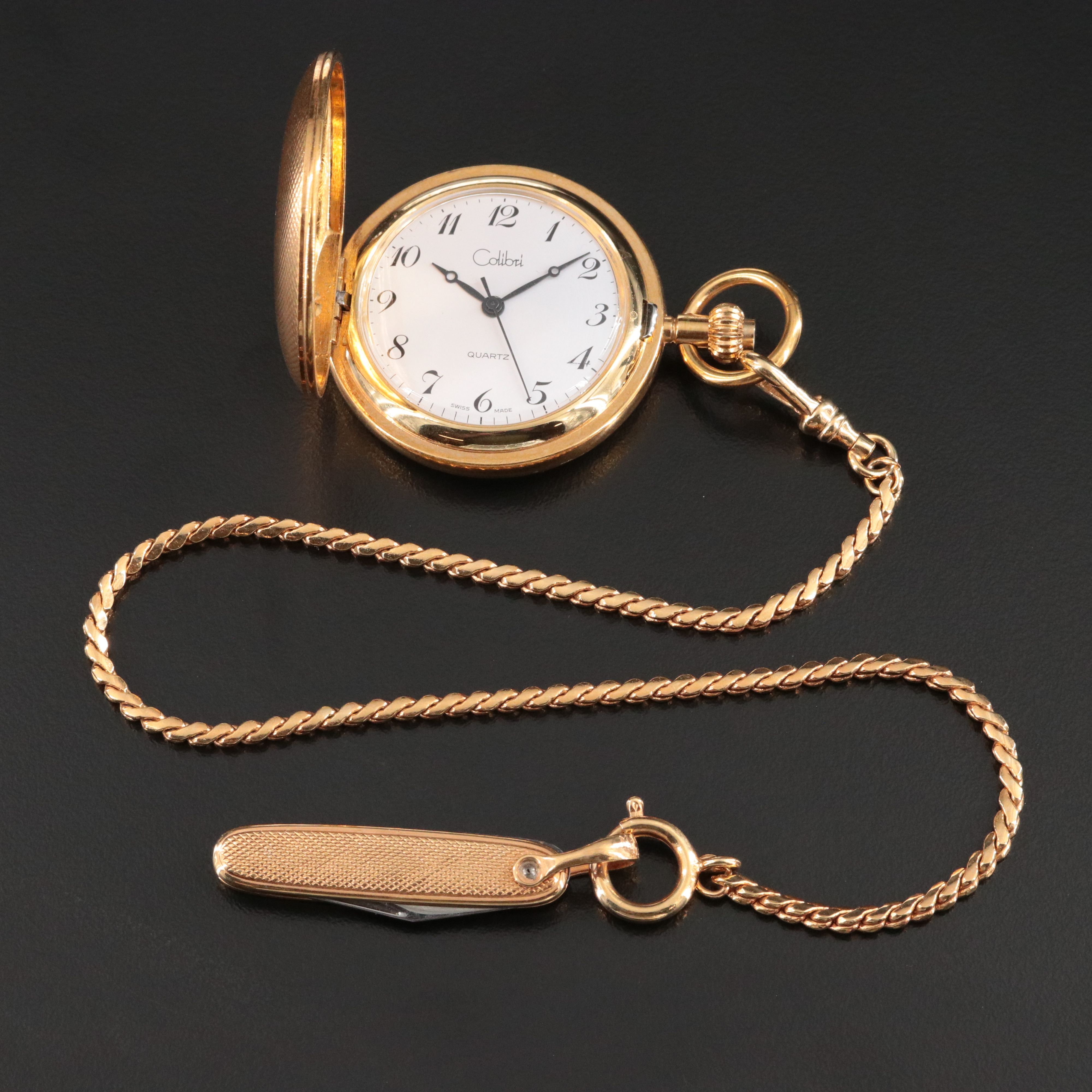 Calibri Gold-Tone Pocket Watch with Pen Knife Fob