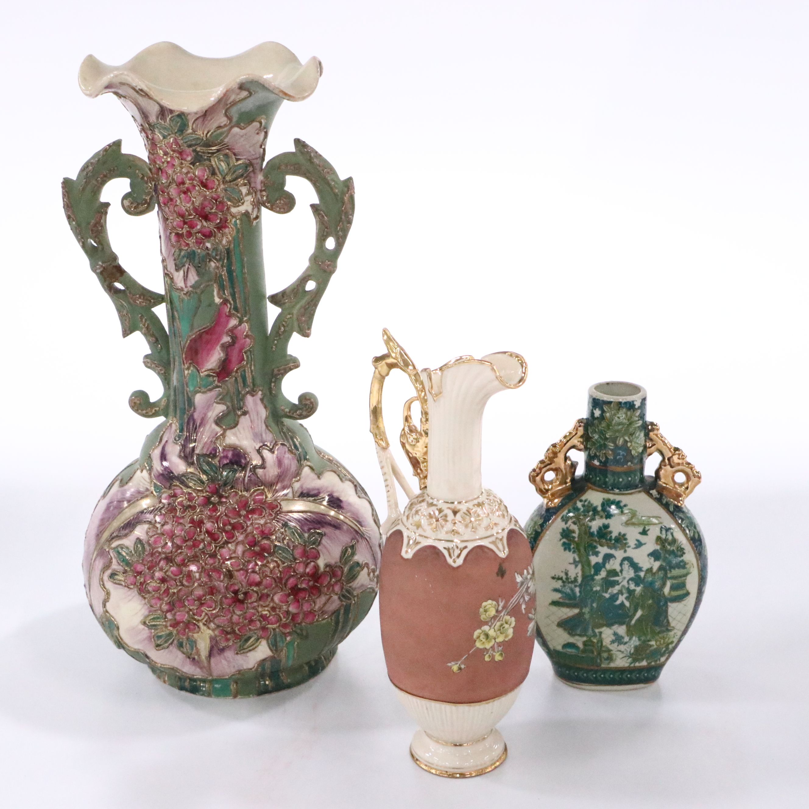 Vintage Floral Porcelain Handled Vase with Ewer and Other Vase