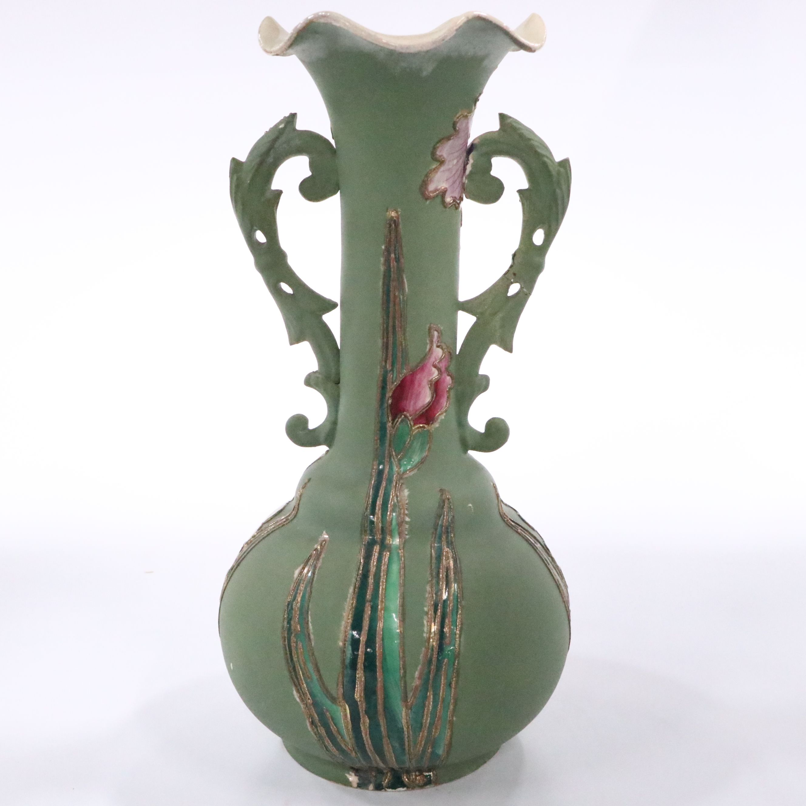 Vintage Floral Porcelain Handled Vase with Ewer and Other Vase