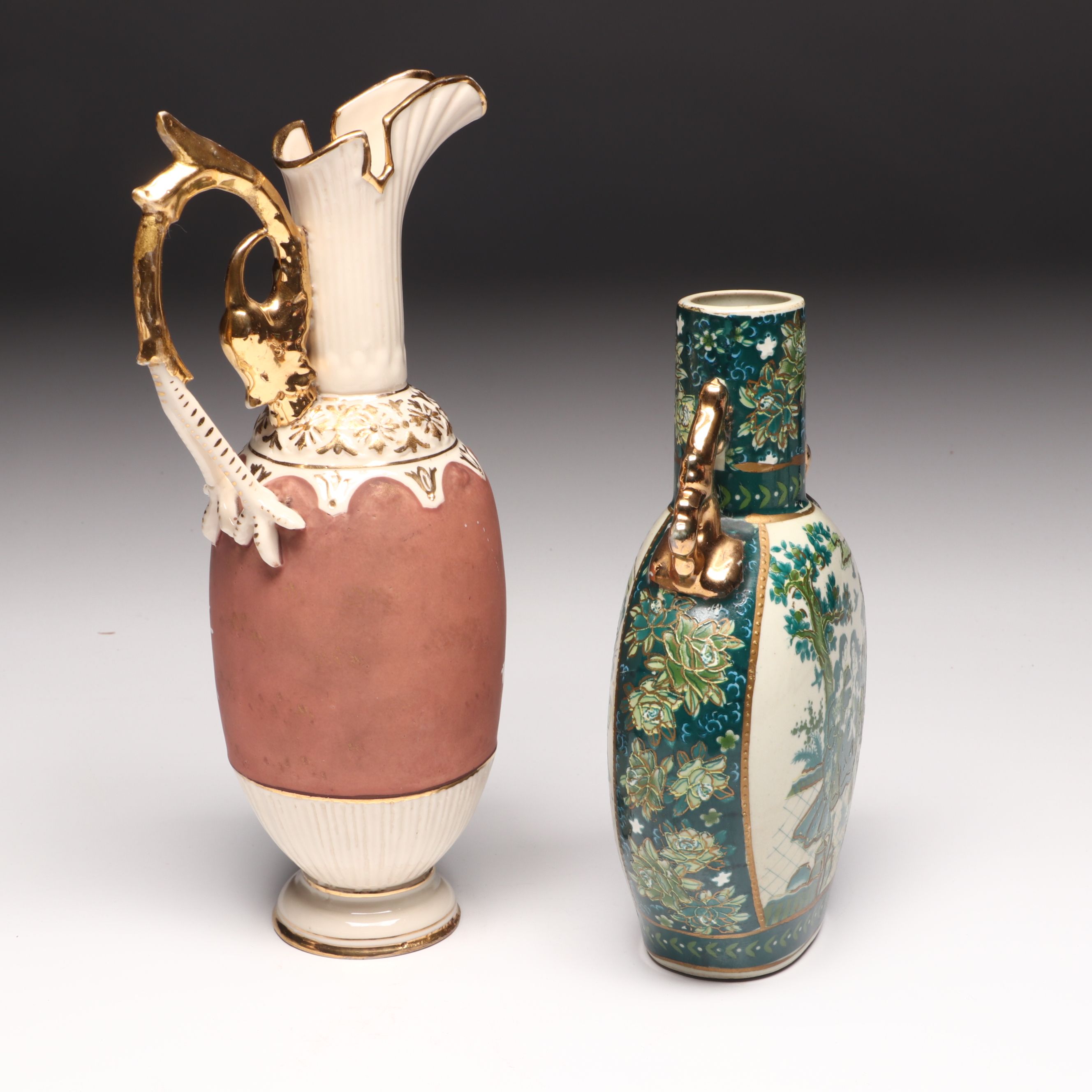 Vintage Floral Porcelain Handled Vase with Ewer and Other Vase