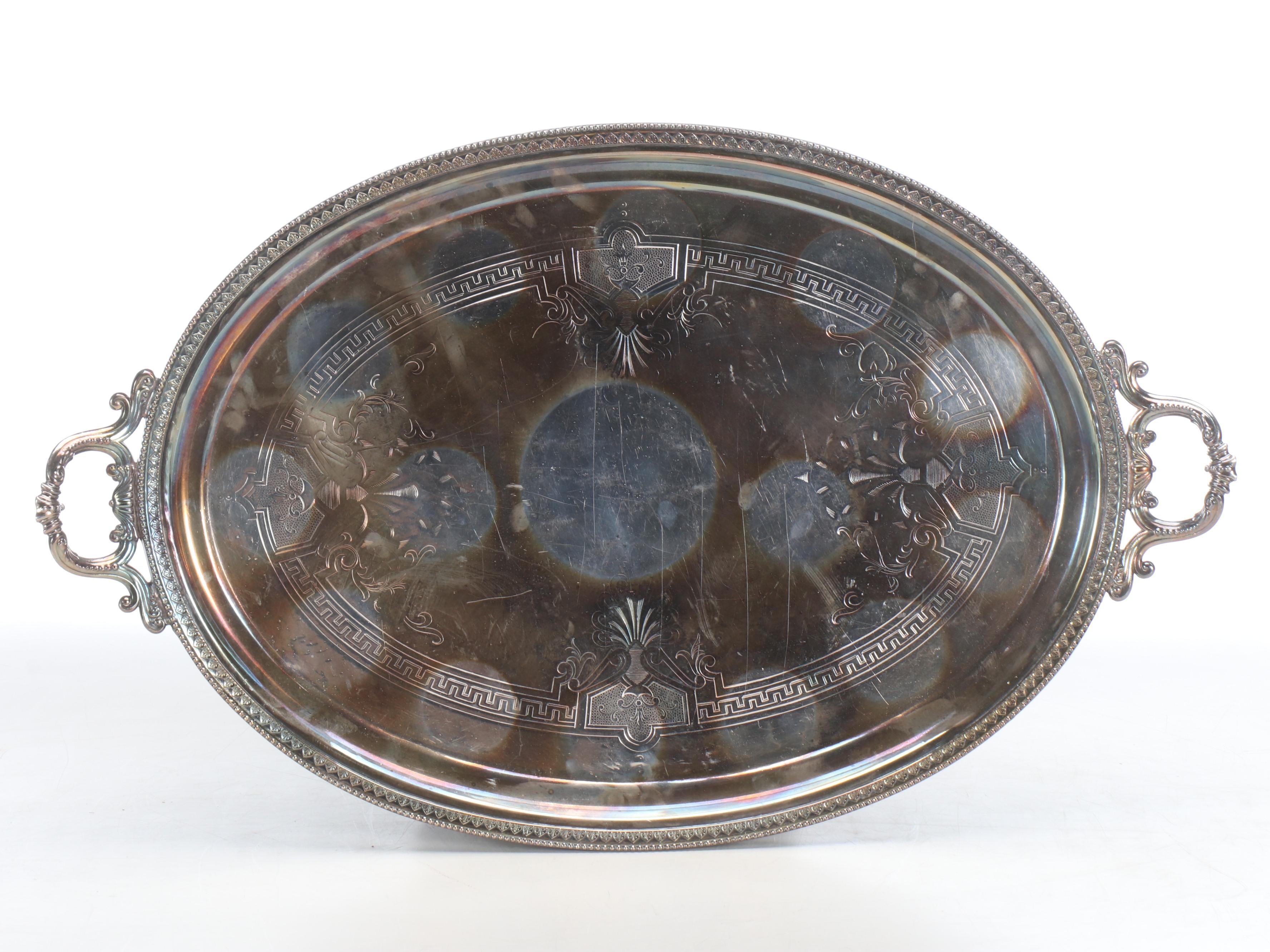 Lunt Silversmiths Silver Plate Butler's Tray with Other Ornate Handled Tray