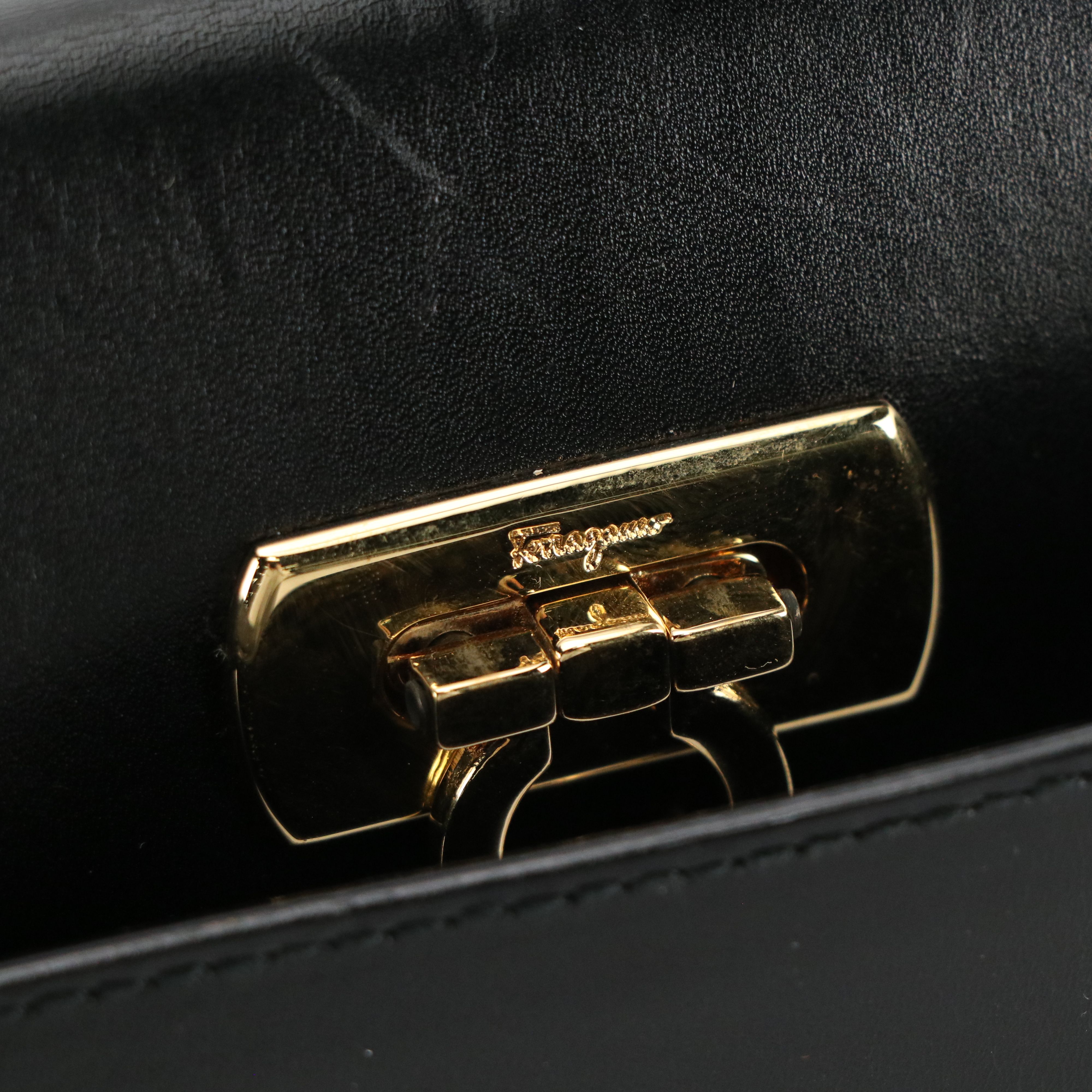 Salvatore Ferragamo Gancini Closure Shoulder Bag in Black Leather