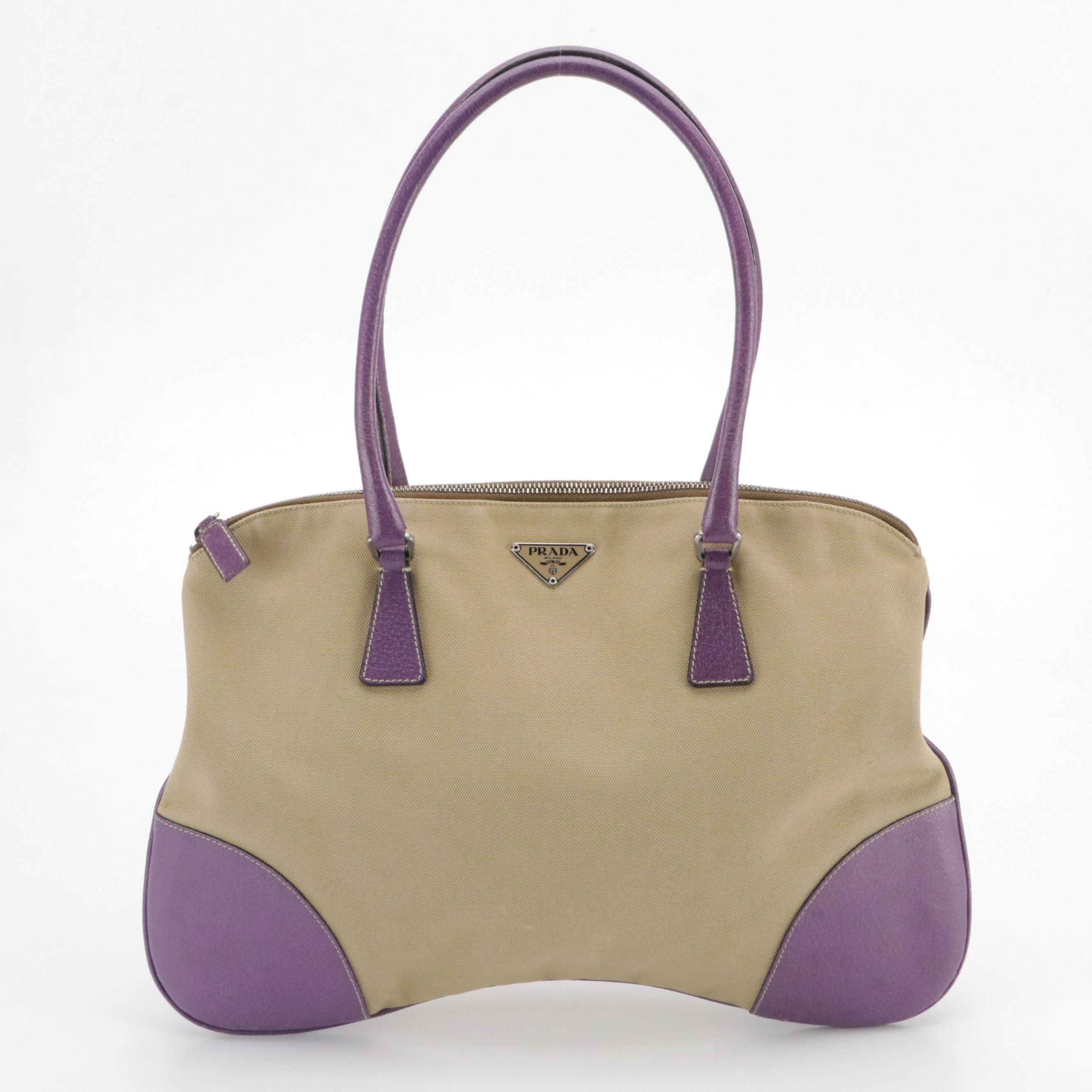 Prada Purple Leather and Beige Canvas Bauletto Shoulder Bag