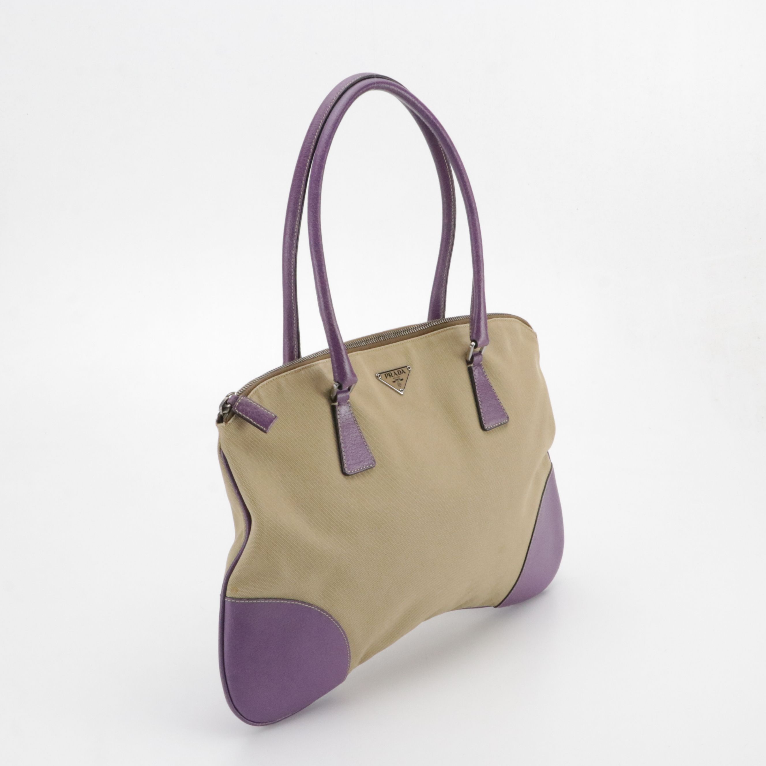 Prada Purple Leather and Beige Canvas Bauletto Shoulder Bag