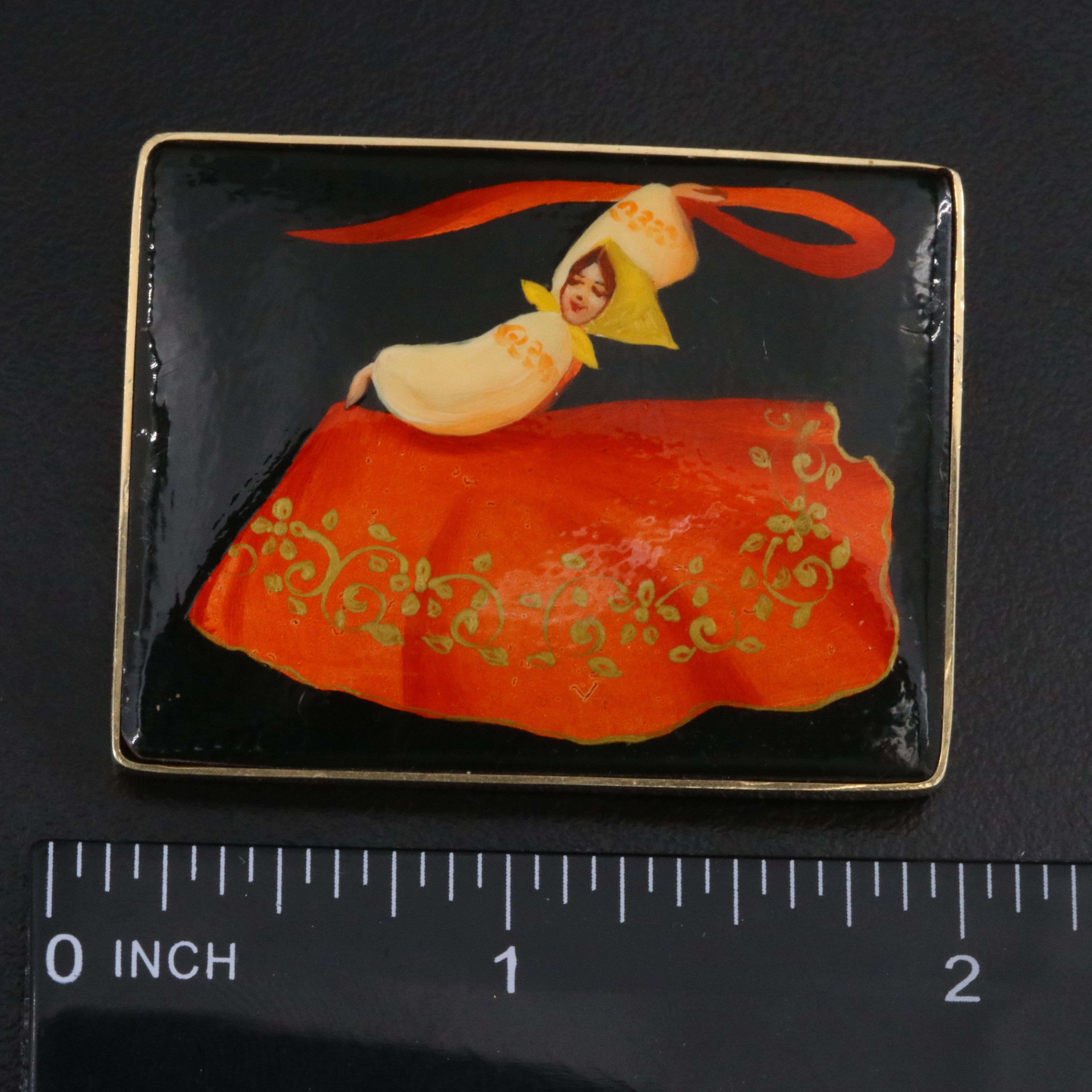 Soviet Russian 14K Lacquer Palekh Dancer Converter Brooch