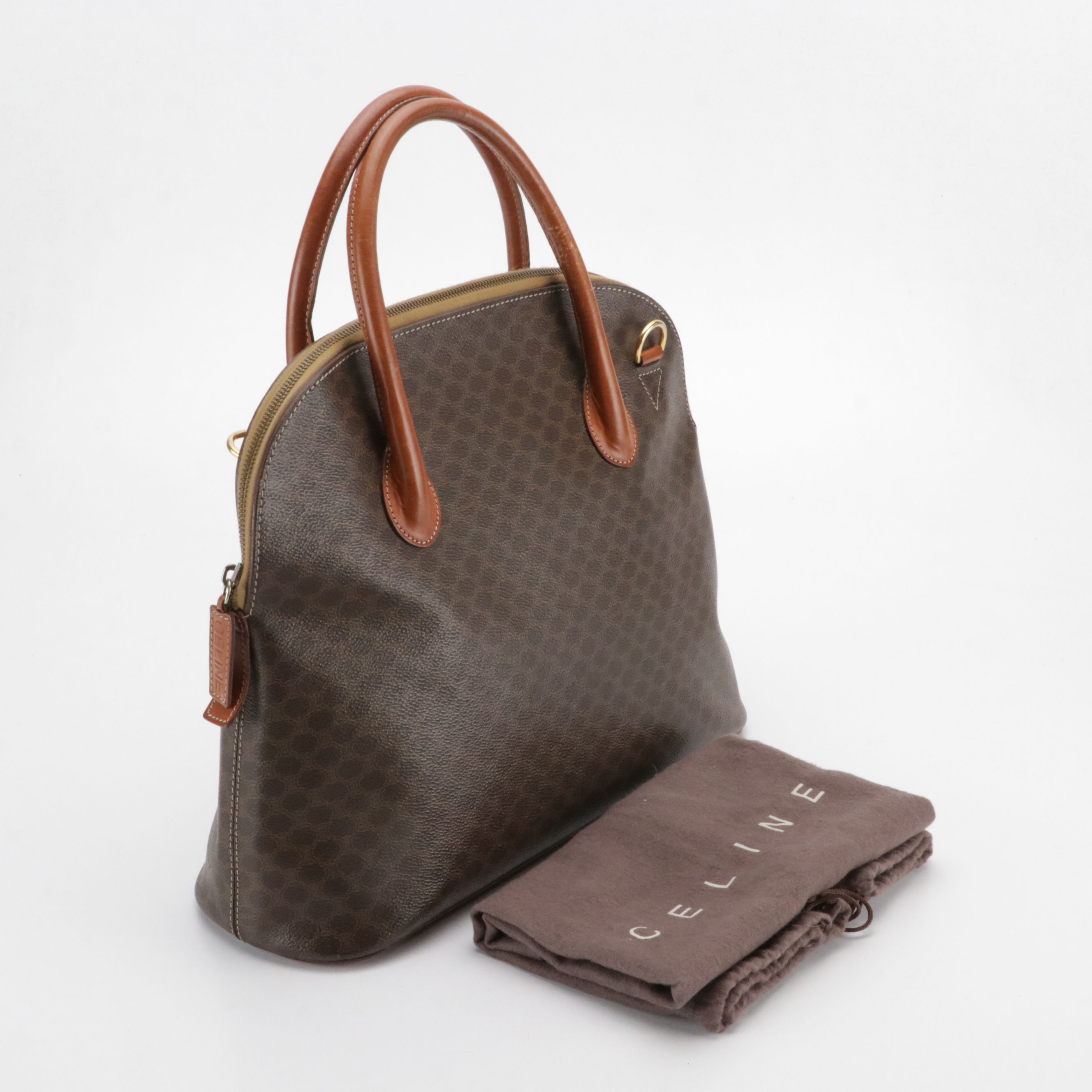 Celine Medium Dome Top Handle Bag in Dark Brown Macadam Canvas and Leather