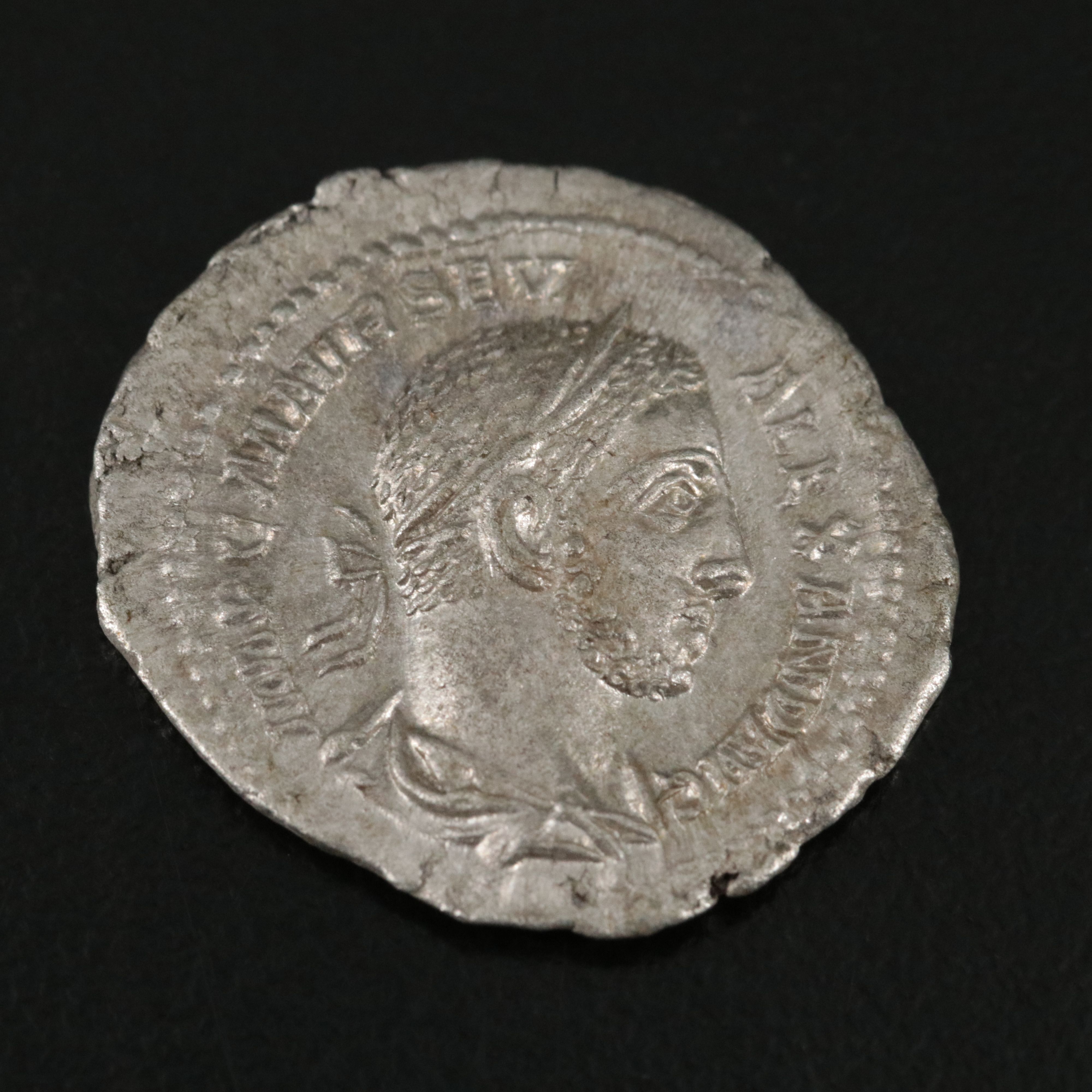 Ancient Roman Imperial AR Denarius Coin of Severus Alexander, ca. 226 A.D.