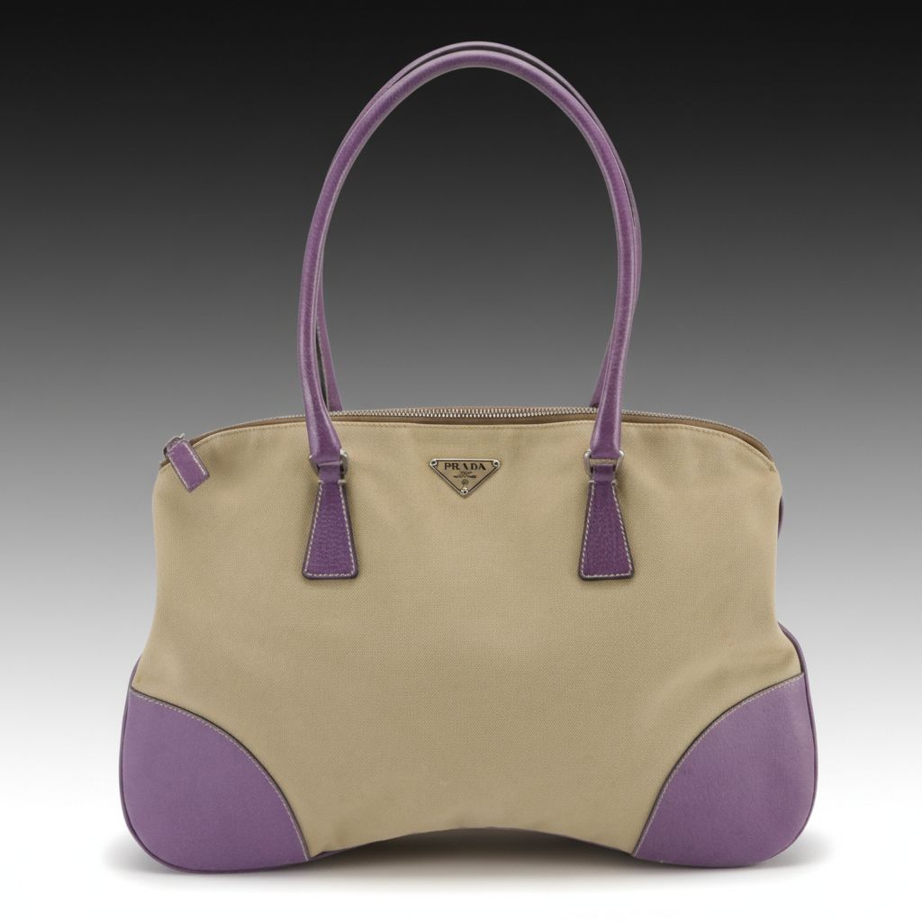 Prada Purple Leather and Beige Canvas Bauletto Shoulder Bag