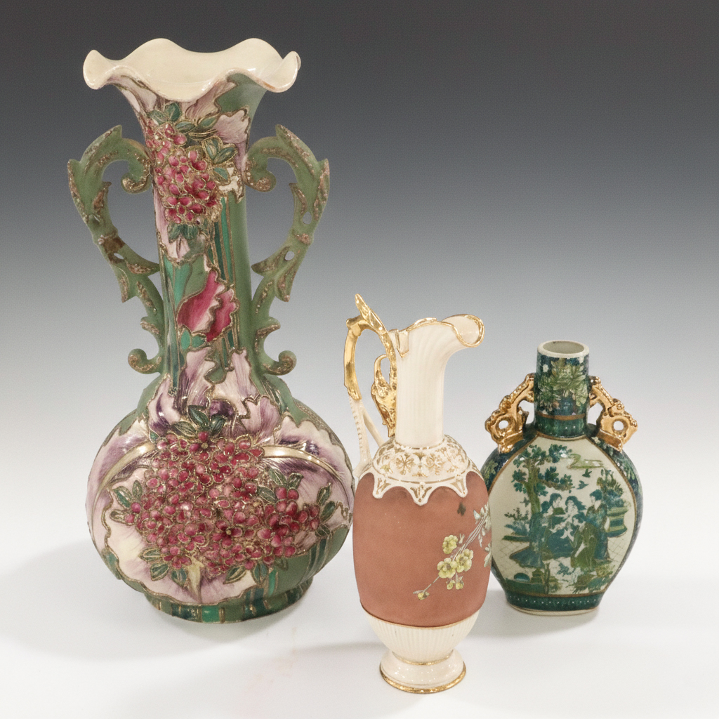 Vintage Floral Porcelain Handled Vase with Ewer and Other Vase