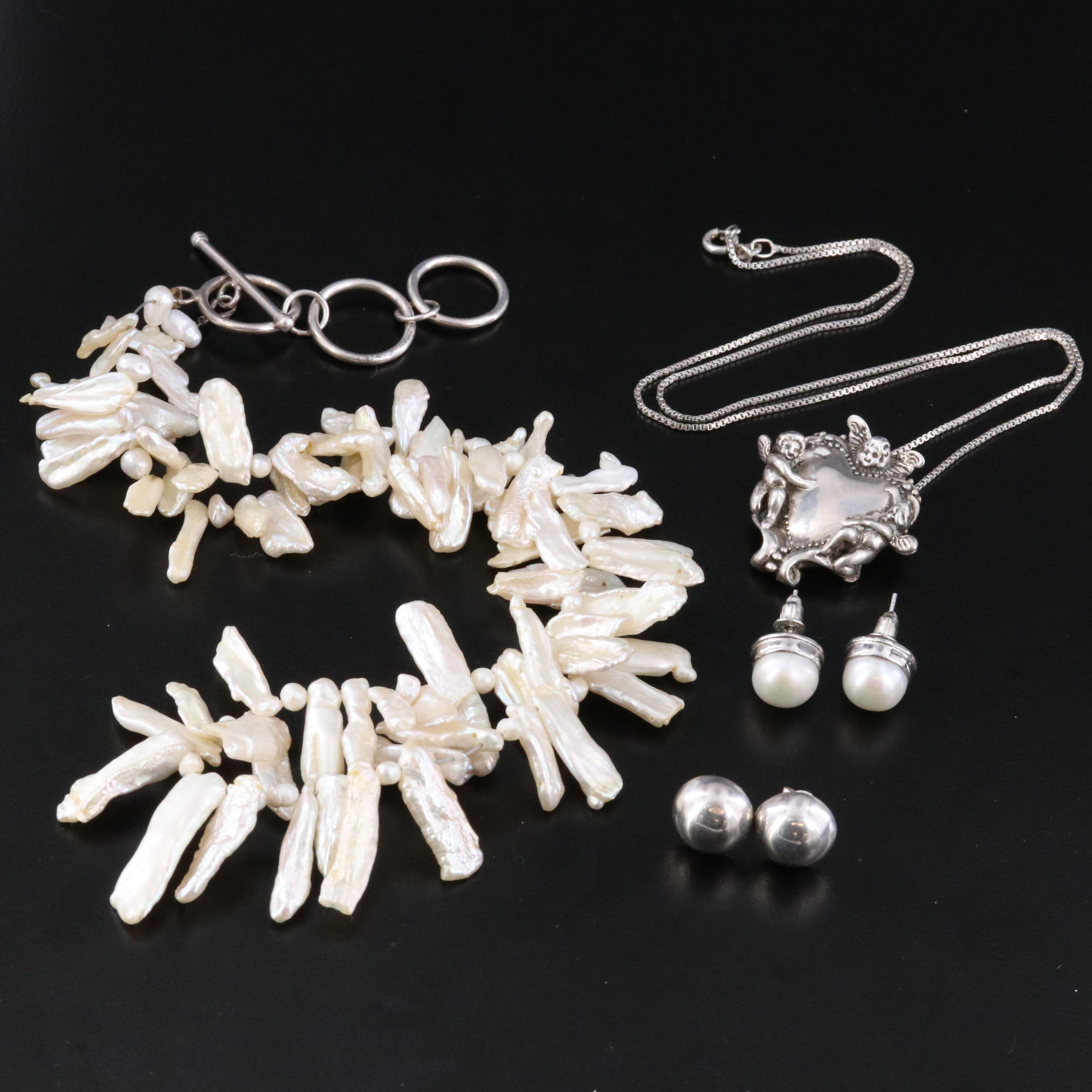 Sterling Pearl Necklaces and Earrings Including Andrea Barnett
