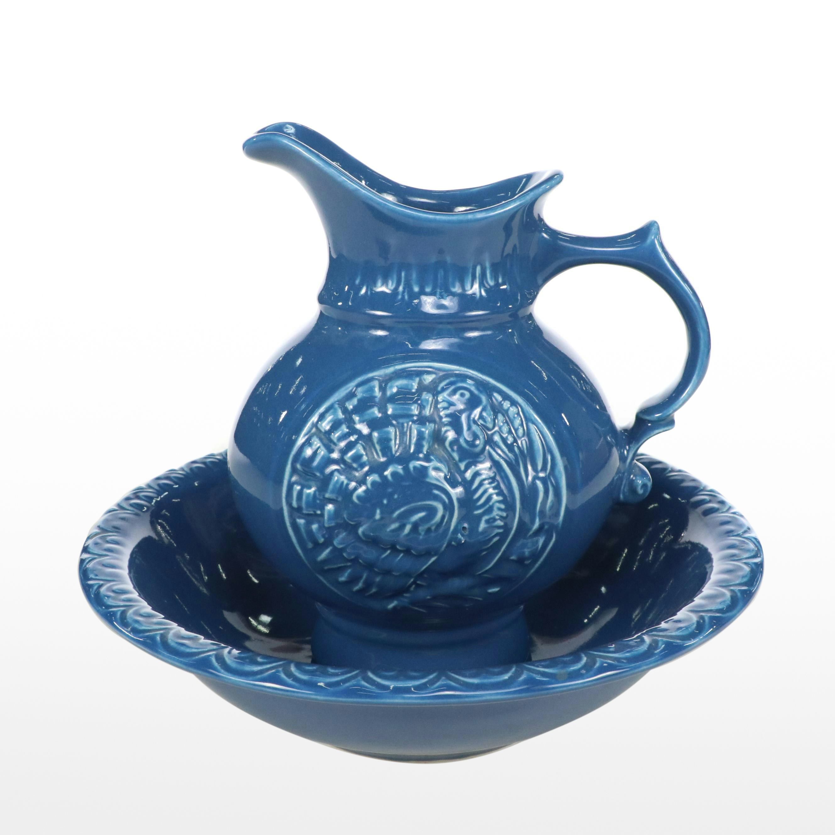 McCoy Pottery Blue Turkey Ceramic Pitcher and Basin