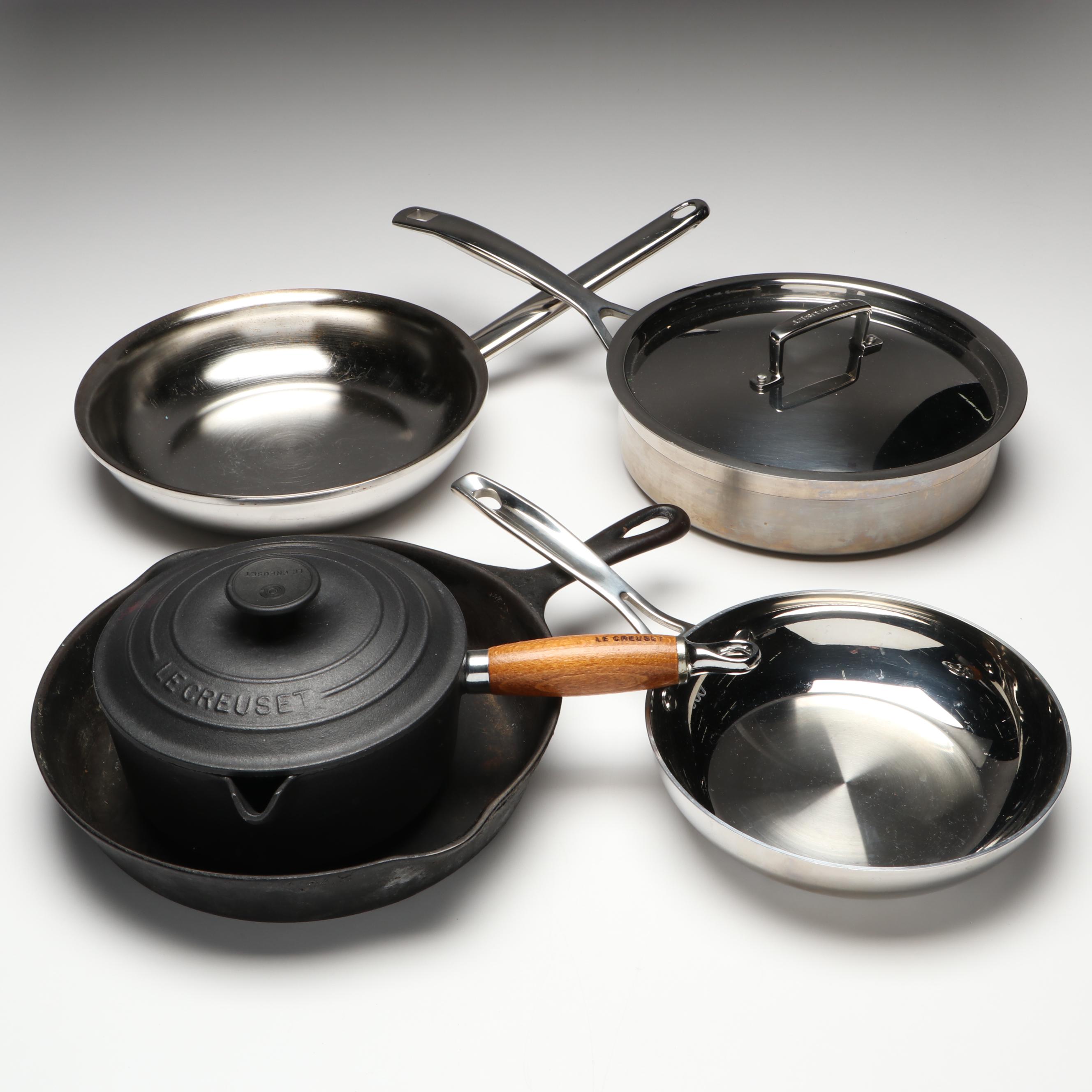 Le Creuset Cast Iron Sauce Pan with Wagner Cast Iron Frying Pan and More