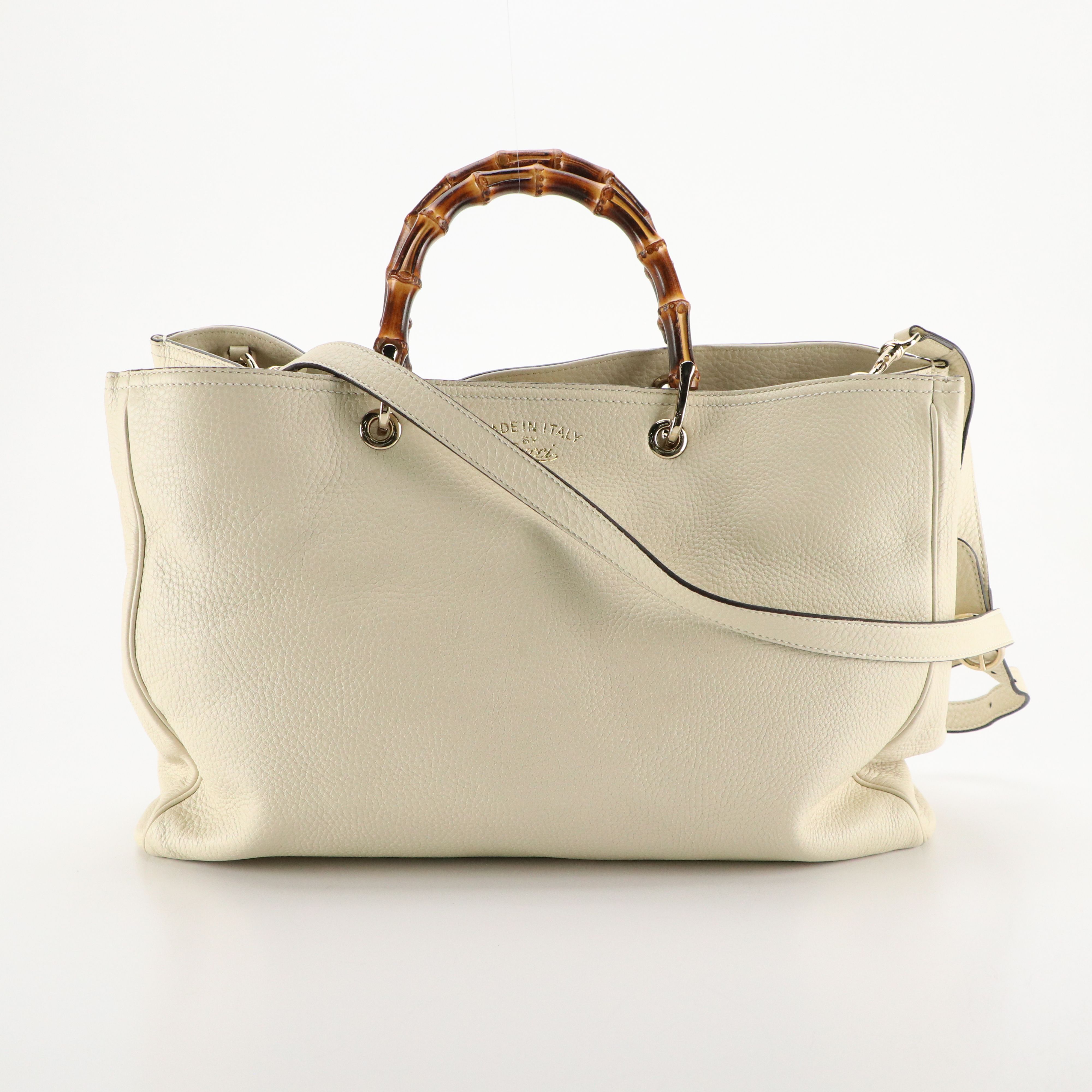 Gucci Bamboo Handle Two-Way Shopper Tote in Ivory Grained Calfskin Leather