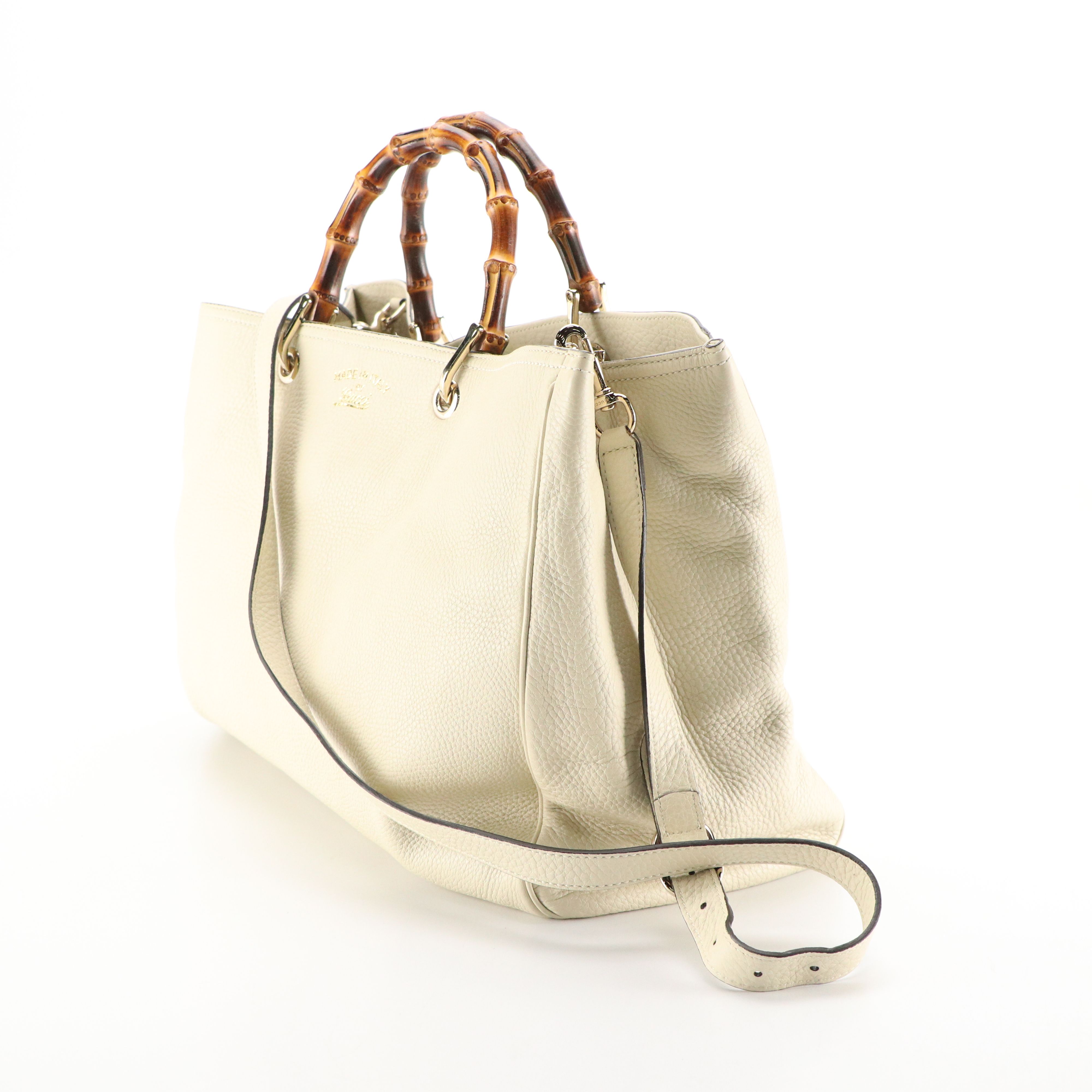 Gucci Bamboo Handle Two-Way Shopper Tote in Ivory Grained Calfskin Leather