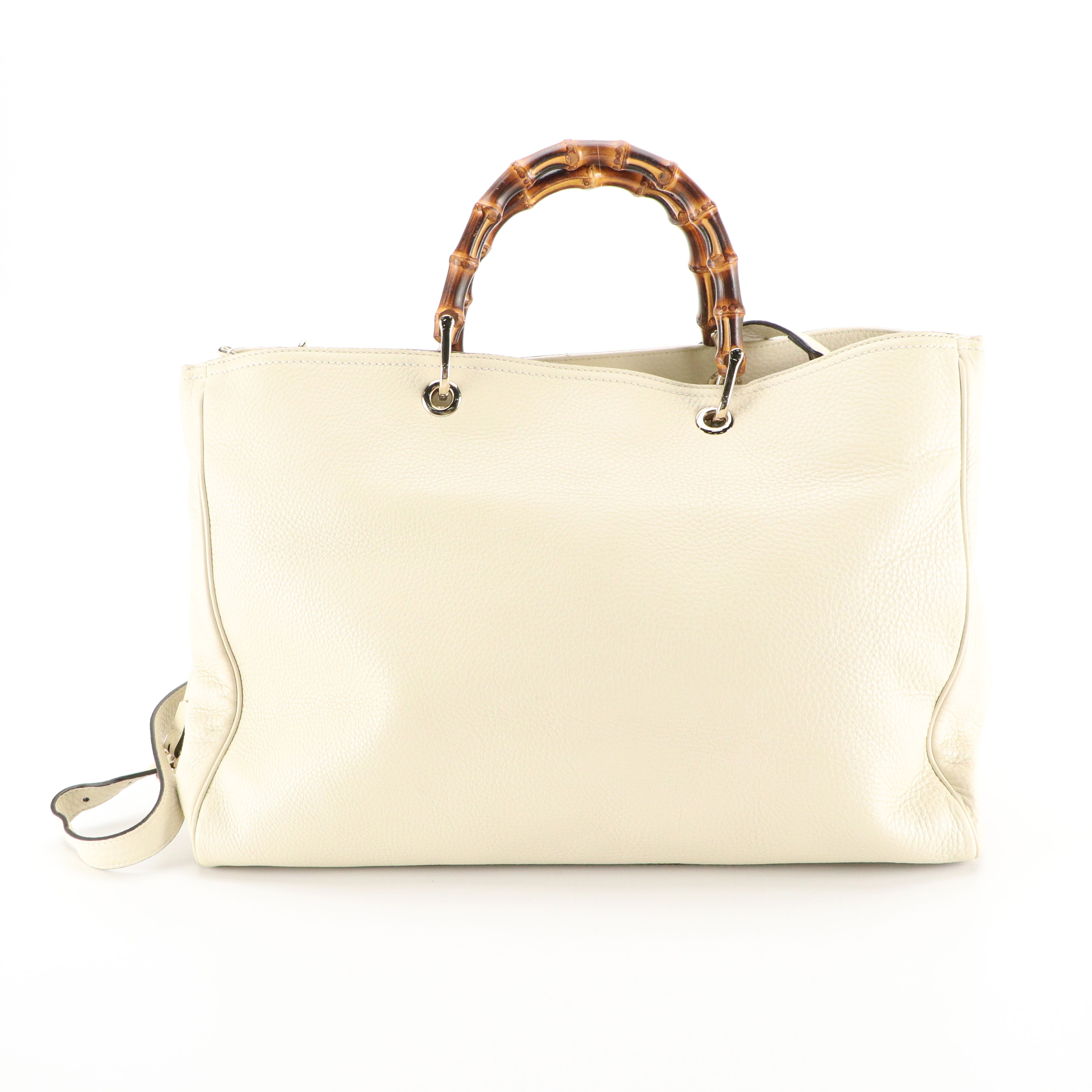 Gucci Bamboo Handle Two-Way Shopper Tote in Ivory Grained Calfskin Leather