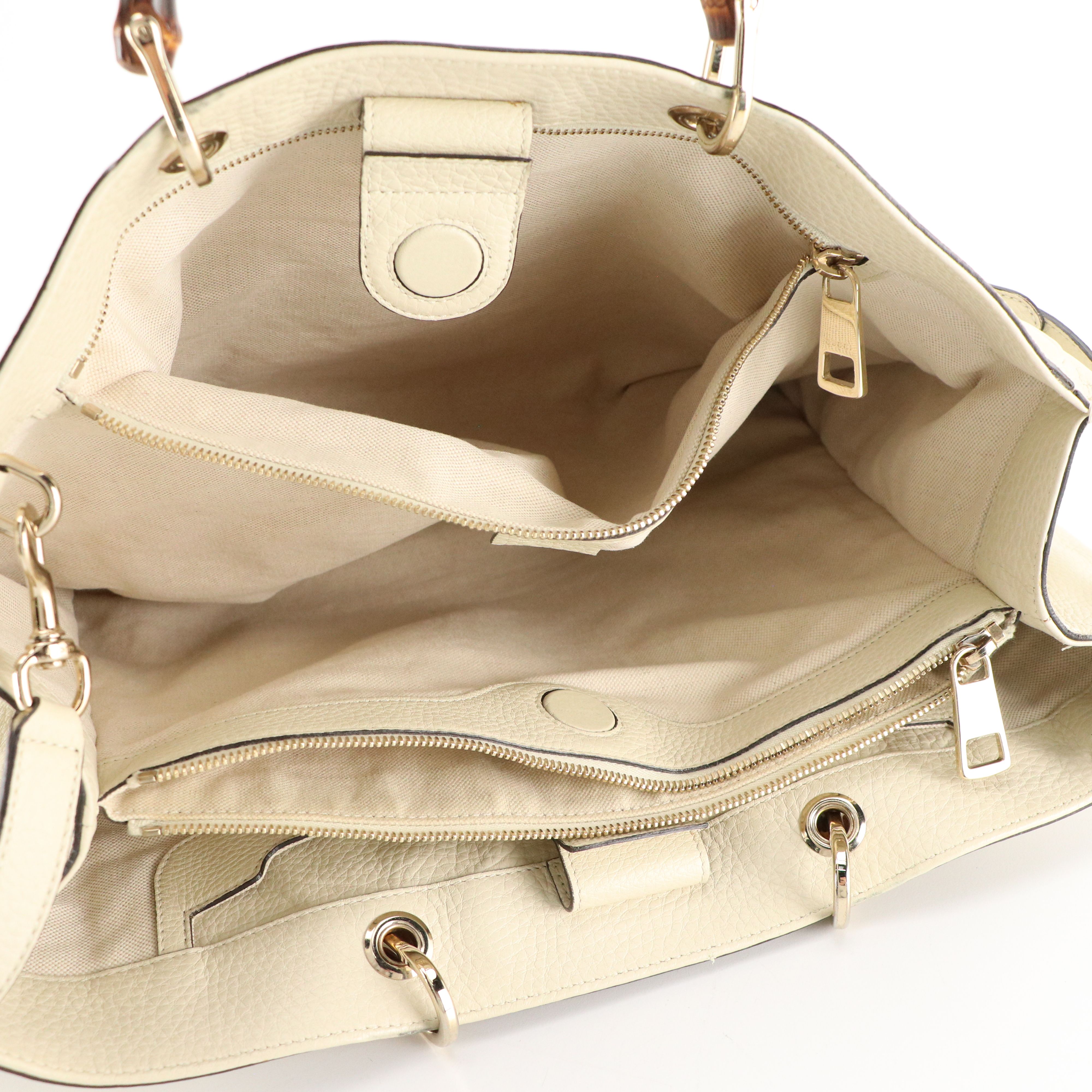 Gucci Bamboo Handle Two-Way Shopper Tote in Ivory Grained Calfskin Leather