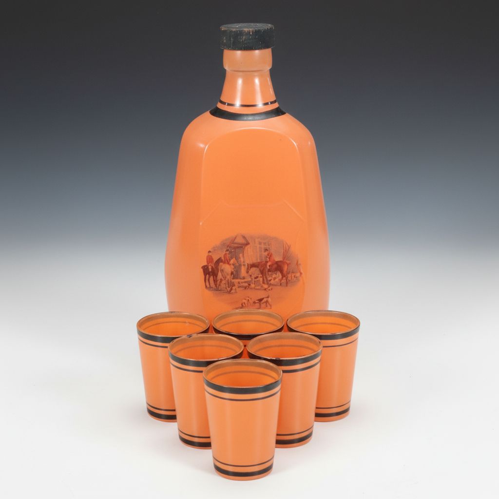 Mid Century Orange and Black Finish Glass Decanter and Shot Glasses
