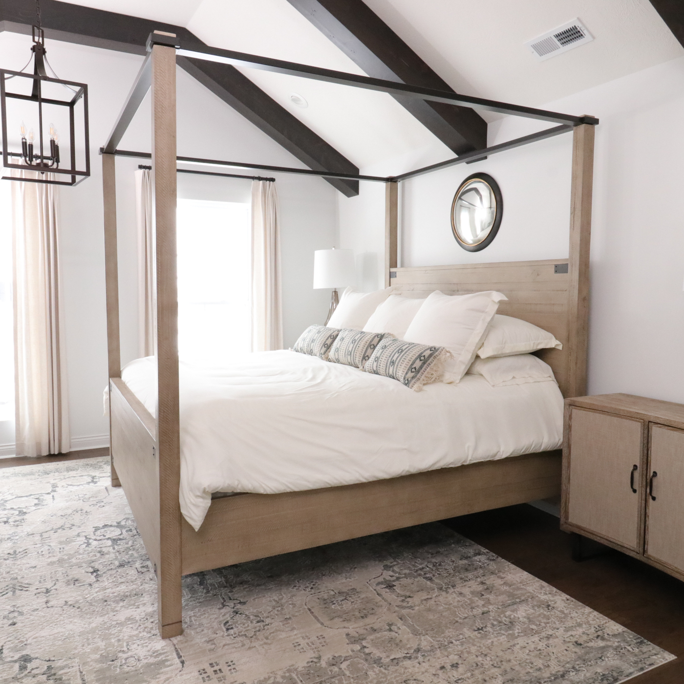 Modern Rustic Driftwood-Finished Oak King-Size Canopy Bed Frame