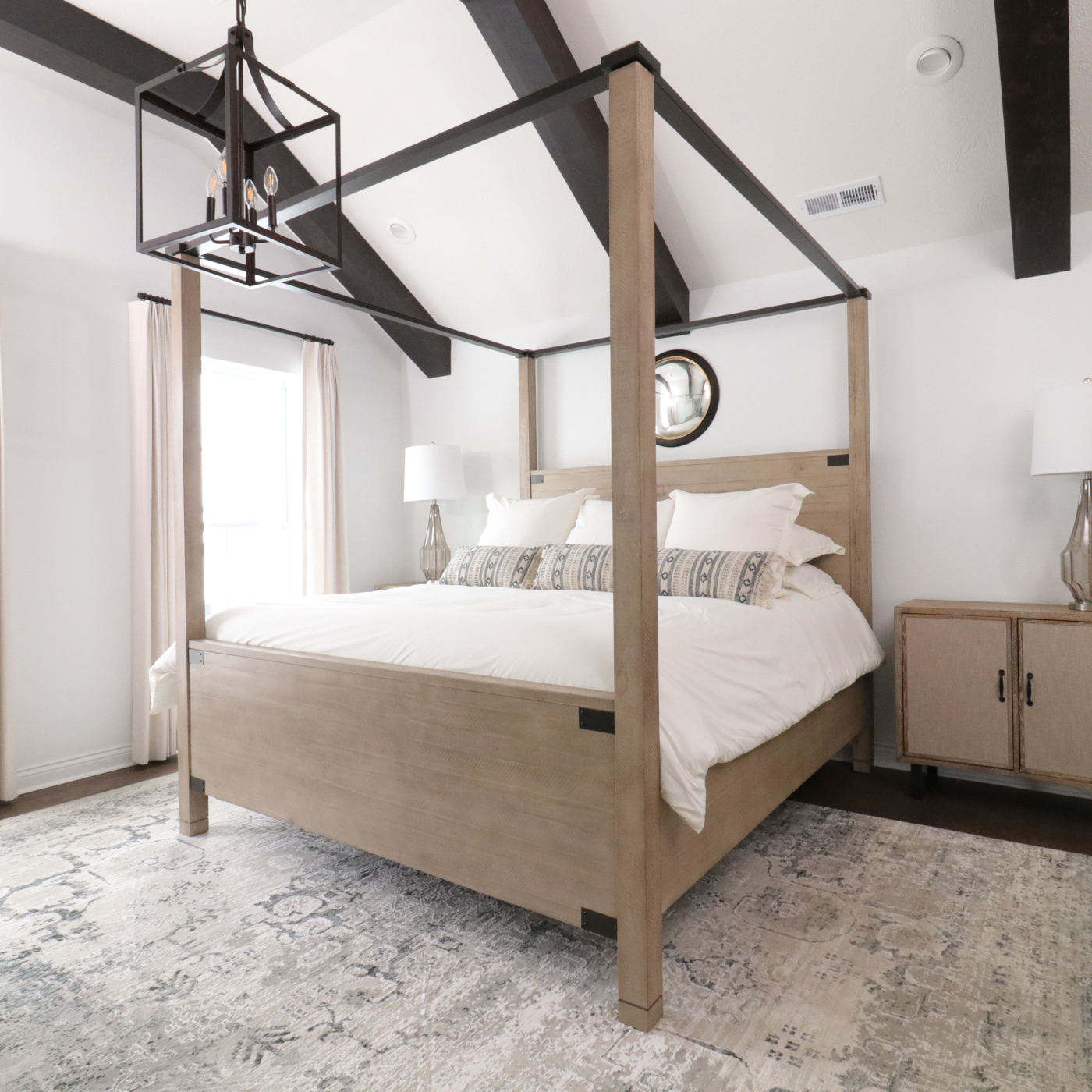 Modern Rustic Driftwood-Finished Oak King-Size Canopy Bed Frame