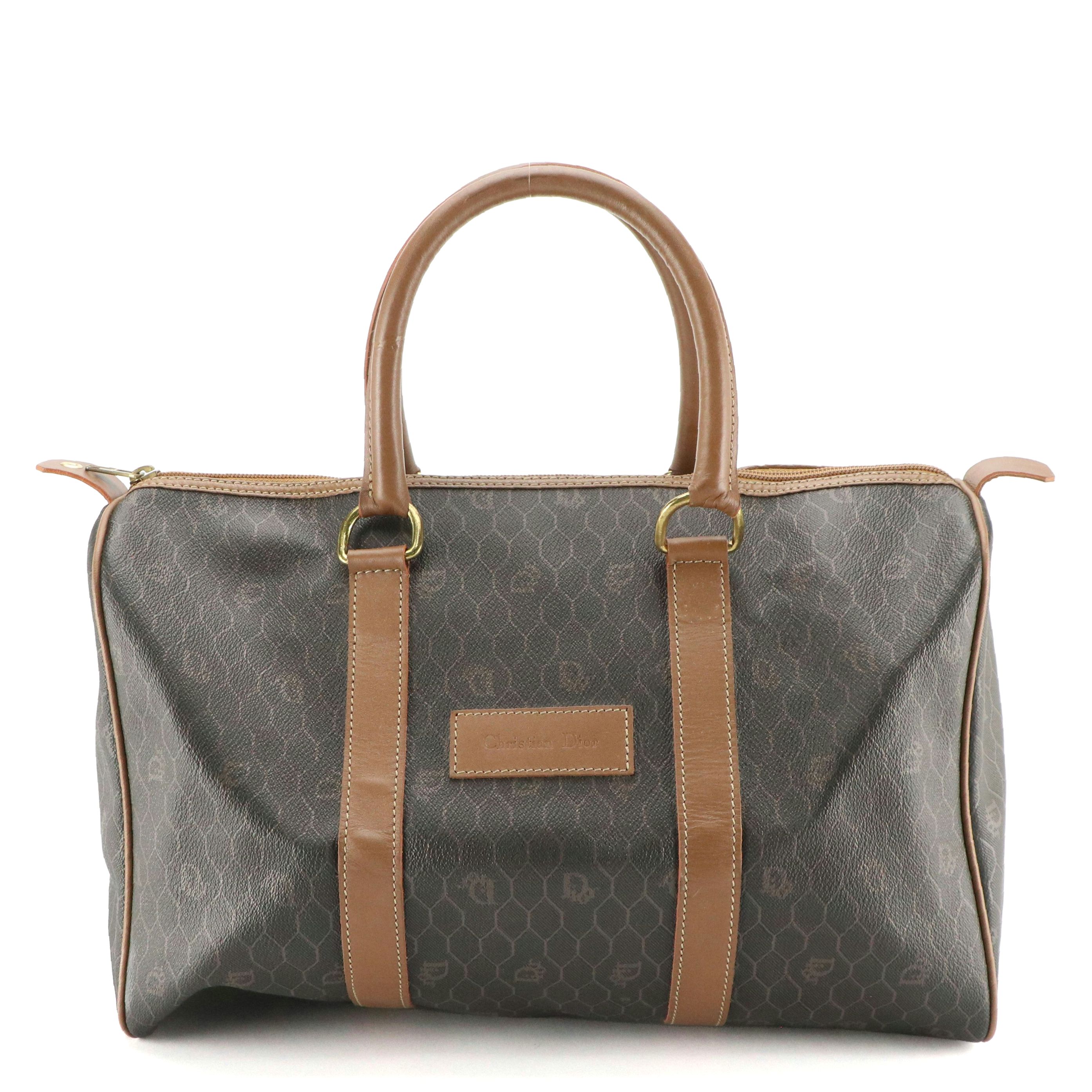 Christian Dior Honeycomb Coated Canvas and Leather Large Boston Bag