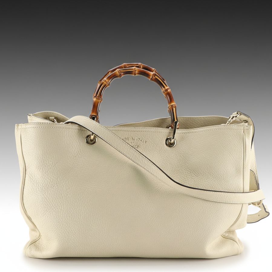 Gucci Bamboo Handle Two-Way Shopper Tote in Ivory Grained Calfskin Leather