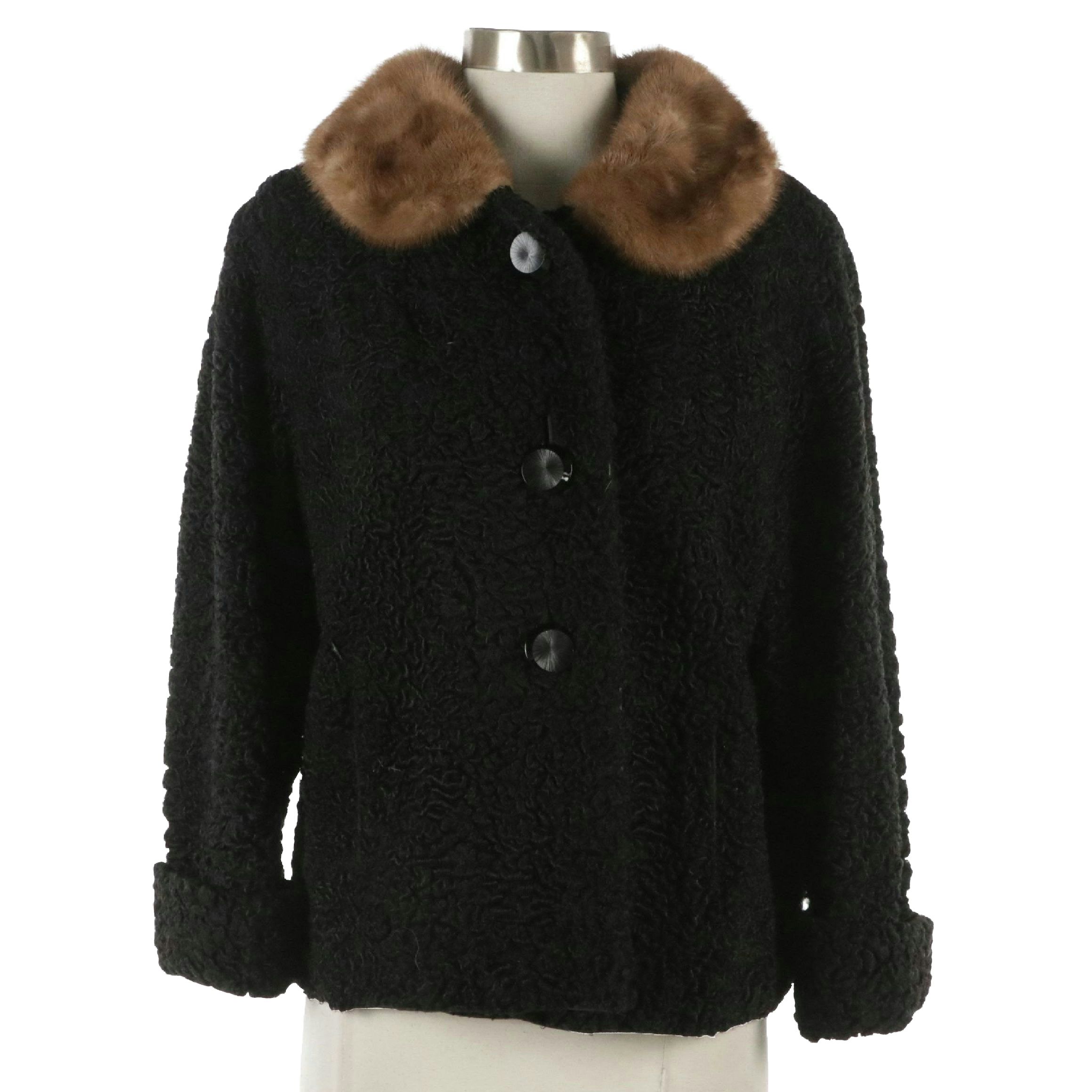 Pogue's Black Persian Lamb and Mink Fur Trimmed Button-Front Jacket