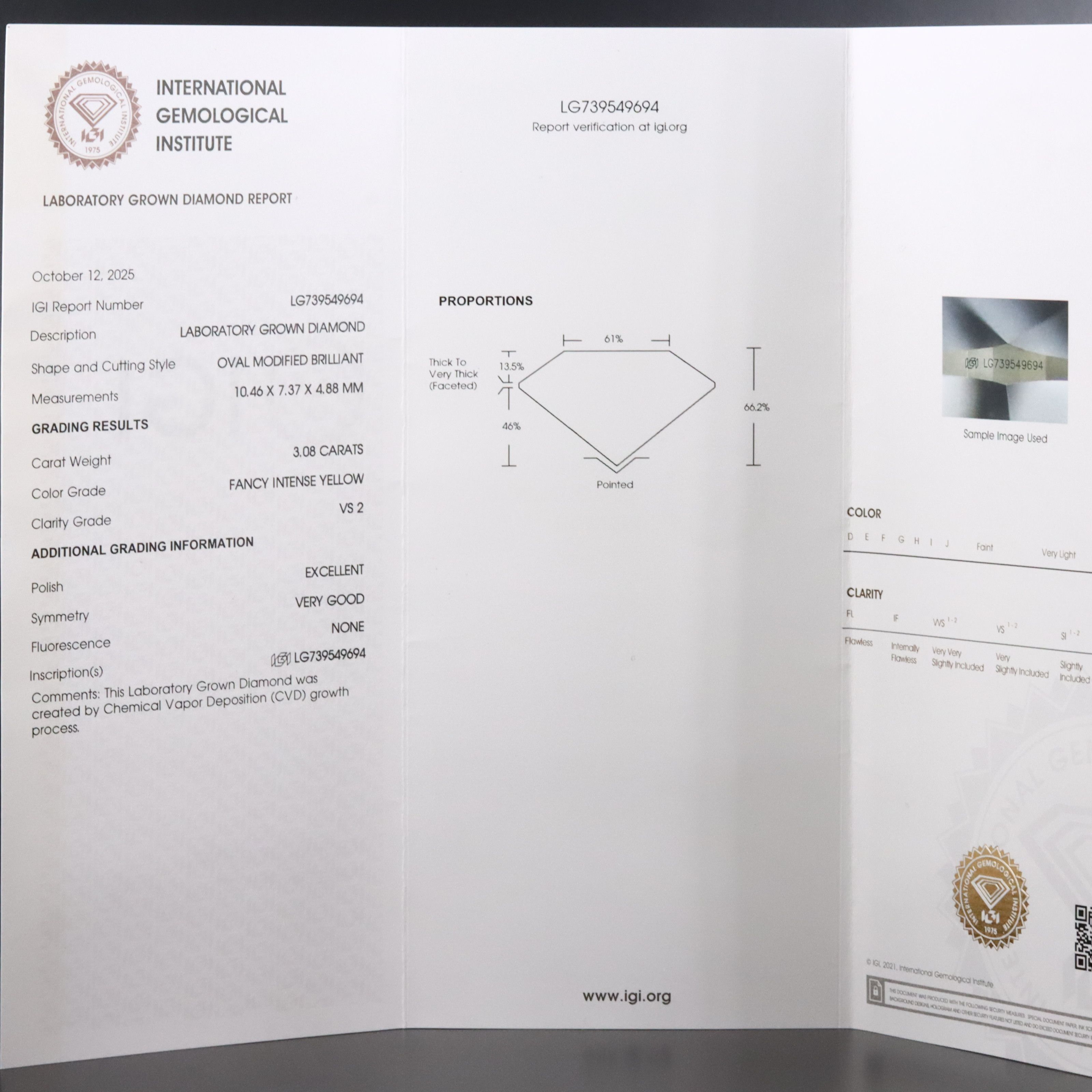 18K 3.08 CT Fancy Intense Yellow Lab Grown Diamond Ring with IGI Report