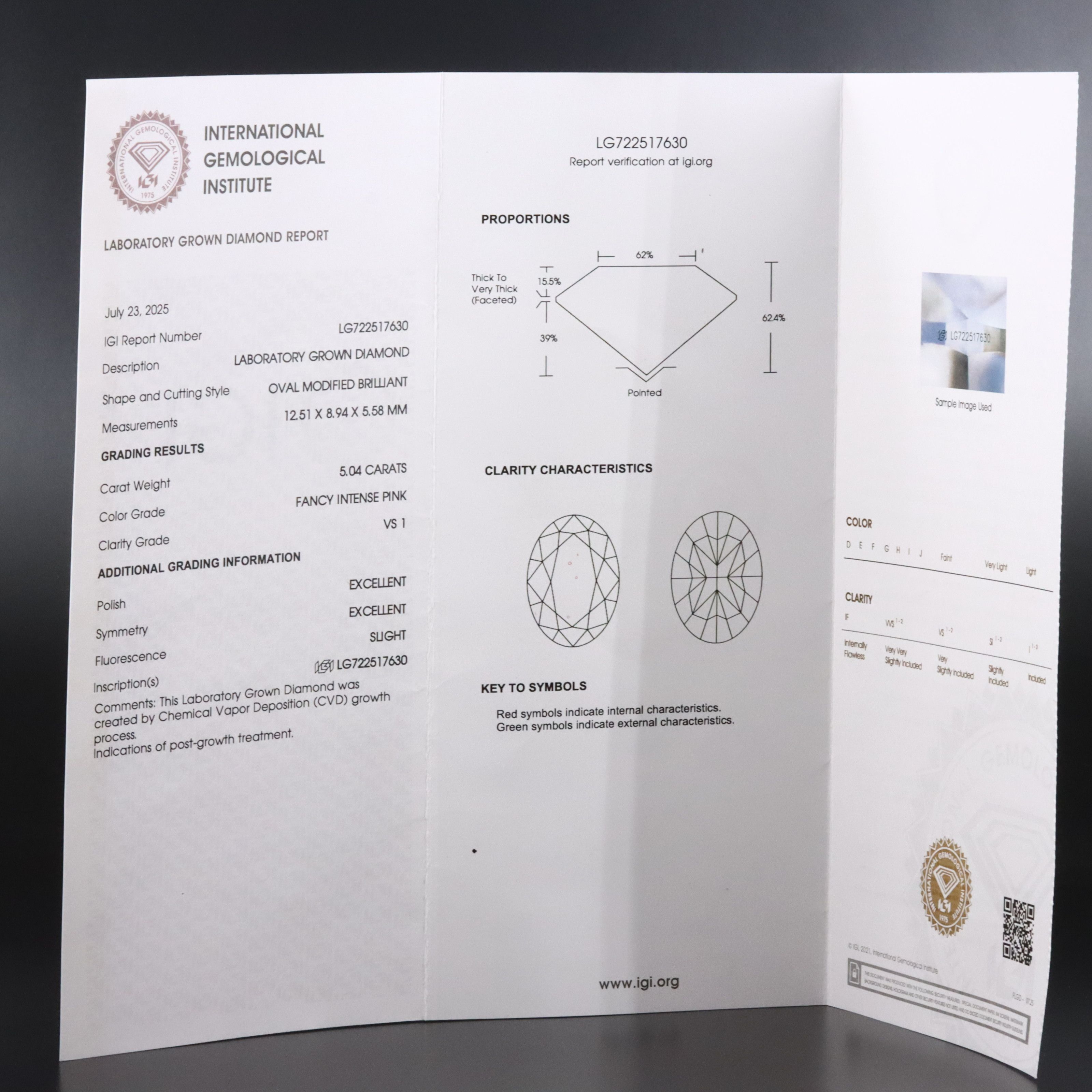 18K 5.04 CT Lab Grown Fancy Intense Pink Diamond Solitaire Ring with IGI Report